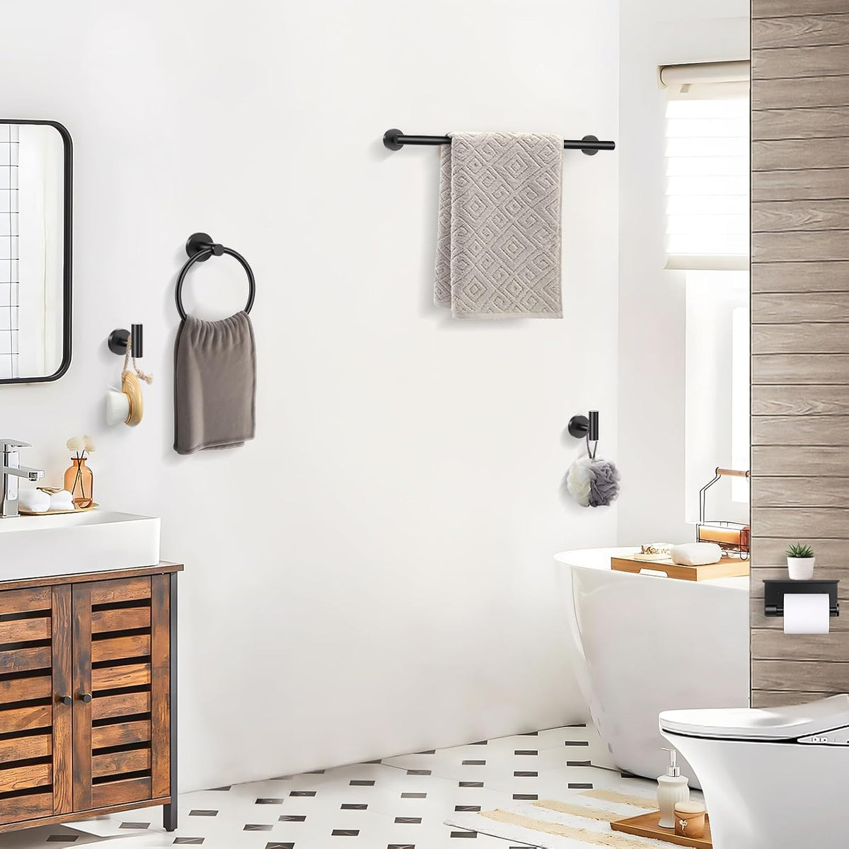 TQKAG Bathroom Hardware Set Black, 5 Piece Bathroom Towel Bar Holder Sets | SUS304 Stainless Steel, 23.6" Toilet Paper