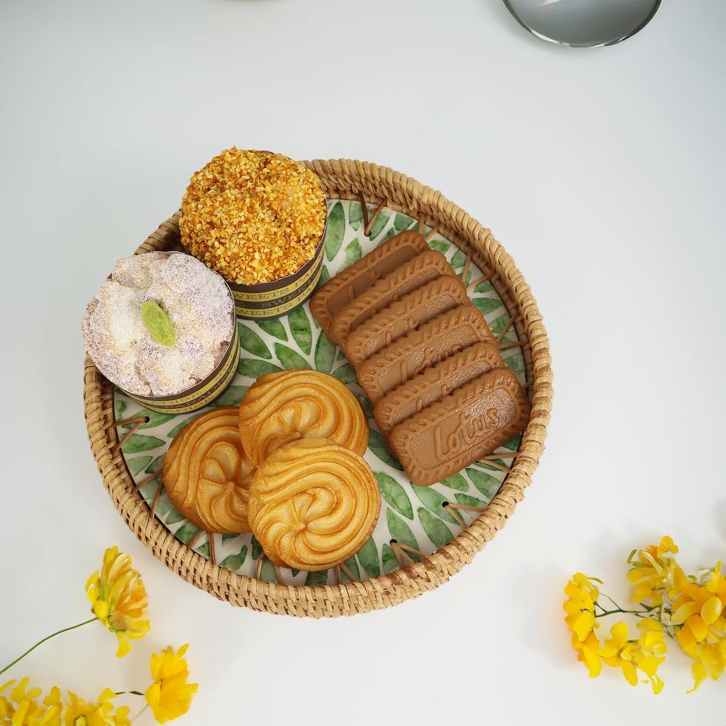 Rattan Tray / Round Serving Trays / Green Leaf / Set of 11