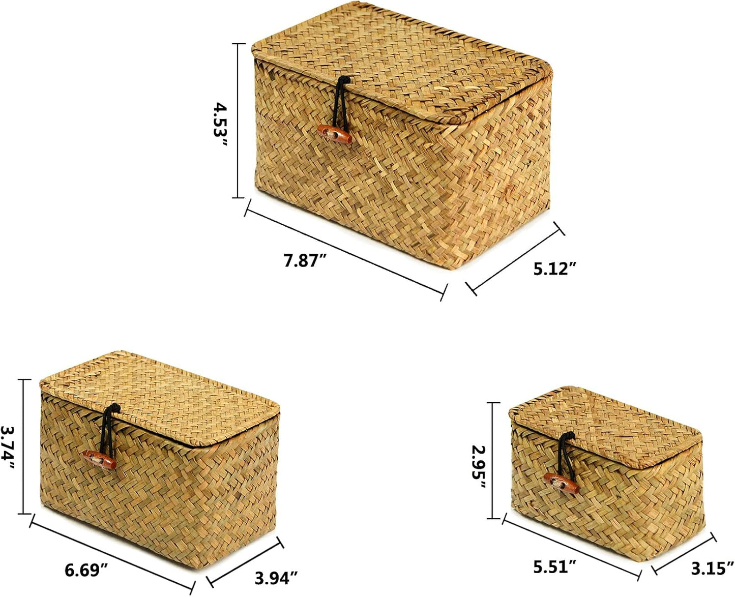 Lid Handwoven Seagrass Storage Box Wicker Basket Desktop Makeup Organizer / Original / Set of 3