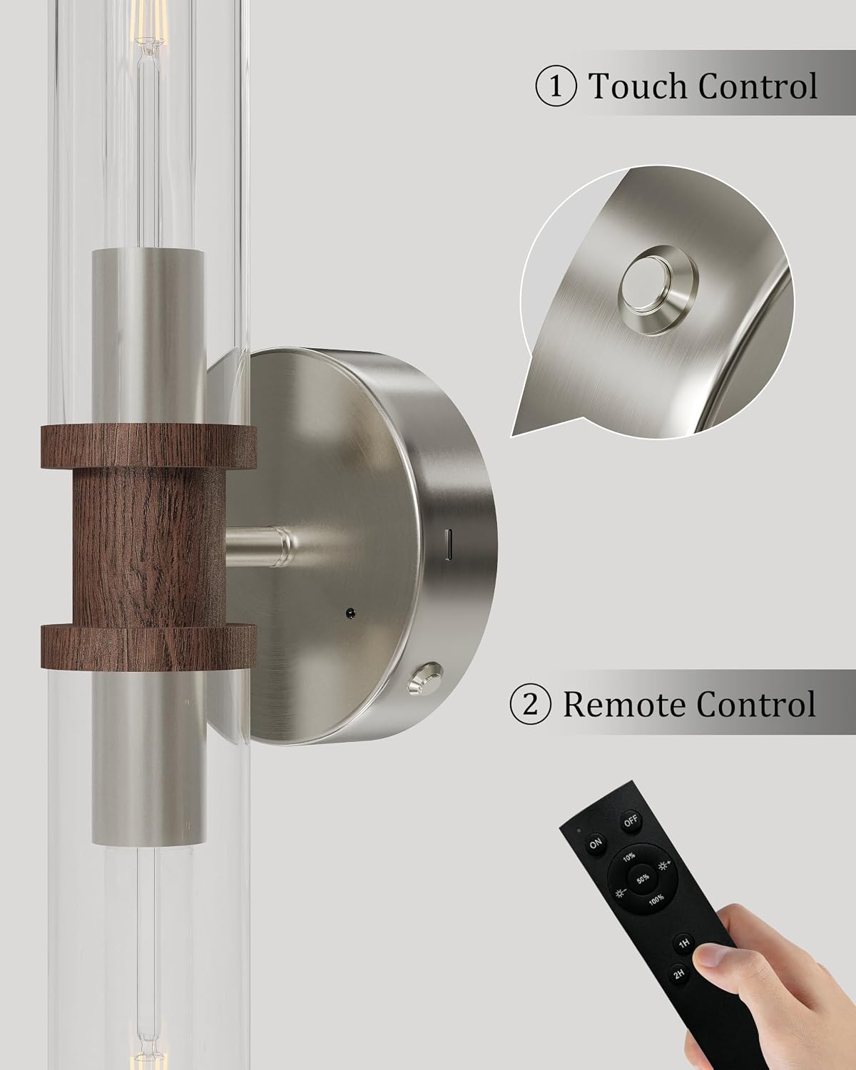 Rayogale Nickel & Walnut Wireless Battery Operated Wall Sconces with Remote | Glass Rechargeable Wall Lights Set of 2
