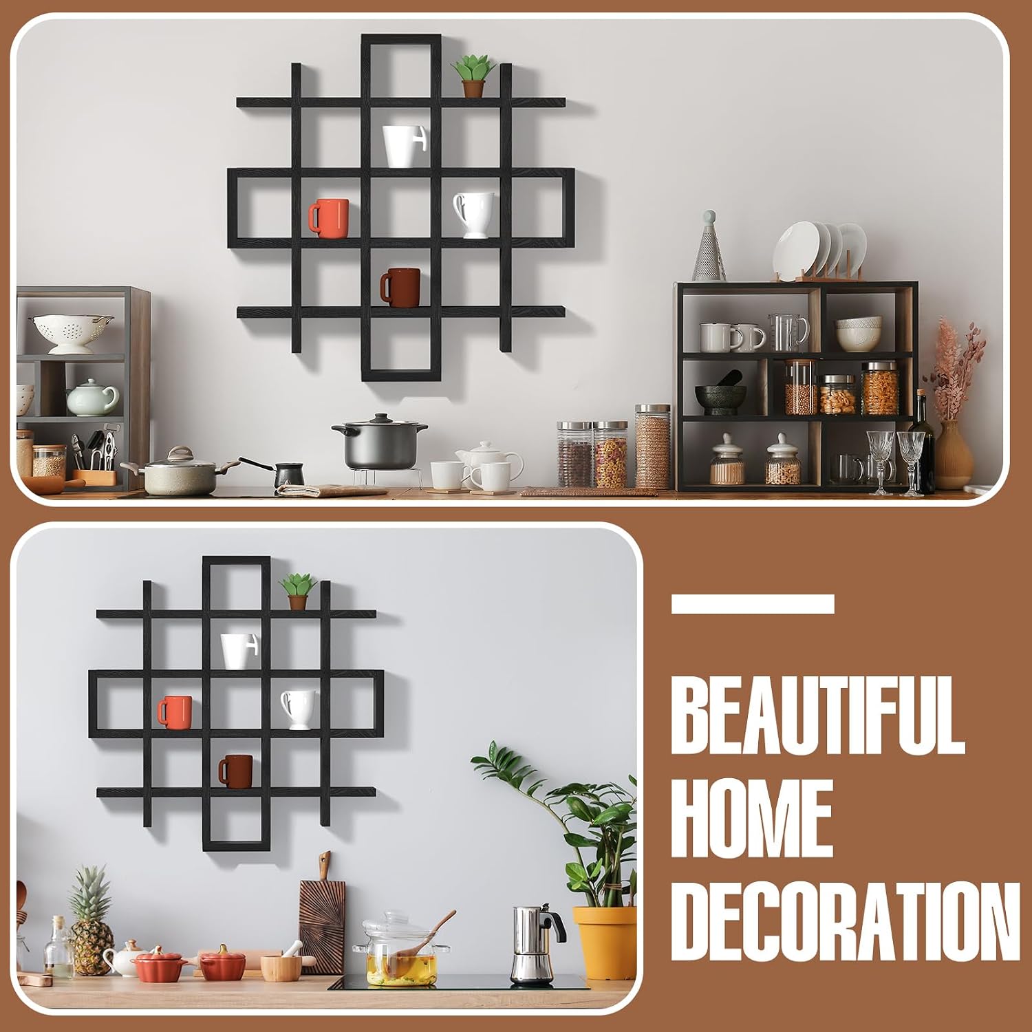 Suzile Mug Display Shelf Wall Mounted,Grid Size 5.1x5.1x3in,Black | Rustic Wood Floating Shadow Box for Coffee Mugs