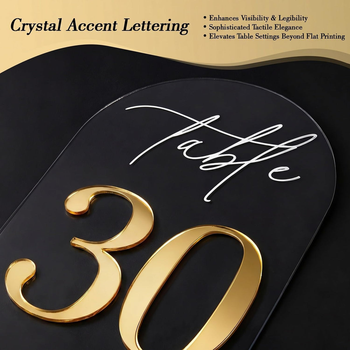 Crystal Clear Acrylic Wedding Table Numbers 1-30 Set, Self-Standing Modern Arched Signs for Reception Seating