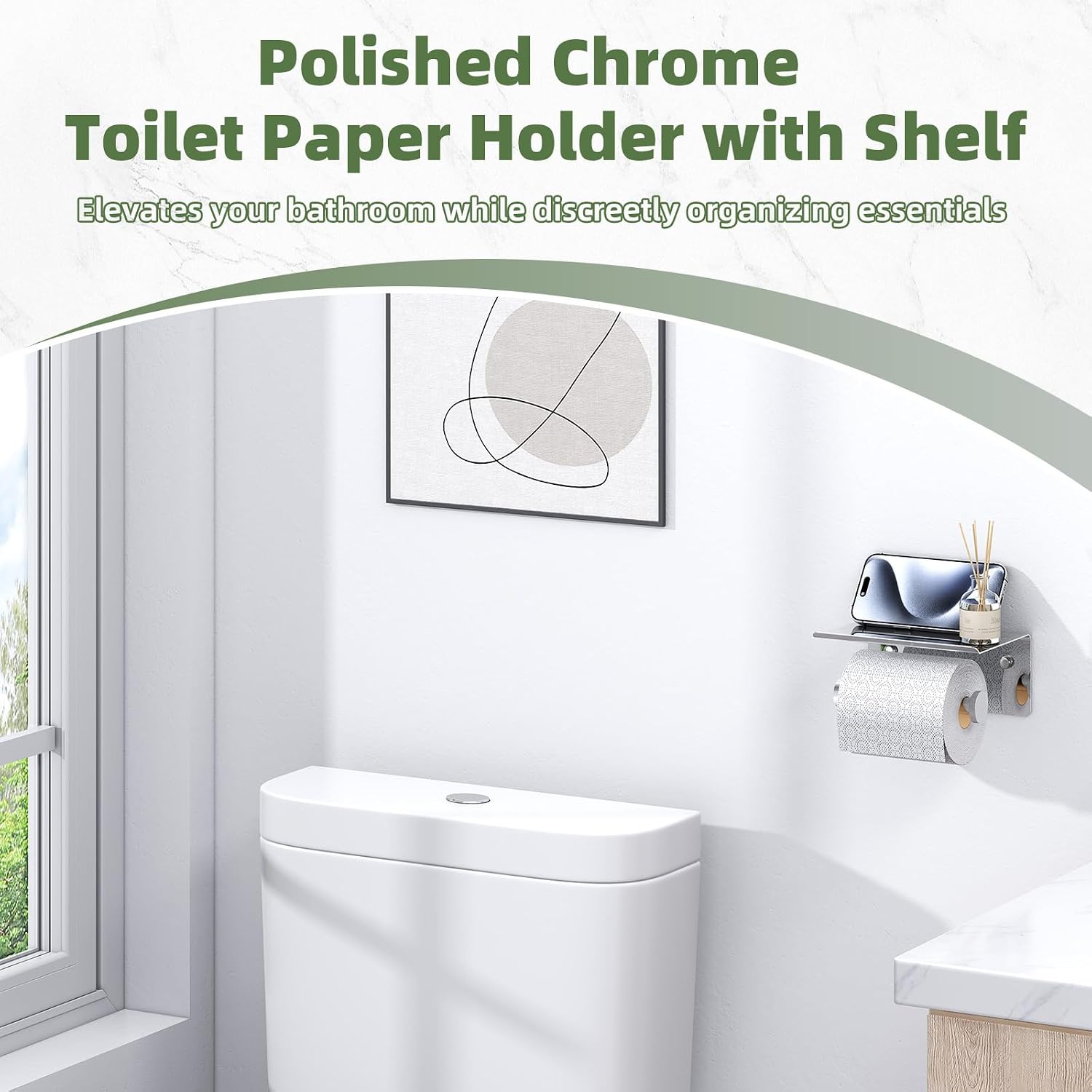 APLusee Polished Chrome Toilet Paper Holder with Phone Shelf, Wall Mounted | Sturdy 304 Stainless Steel, Fits Bathroom