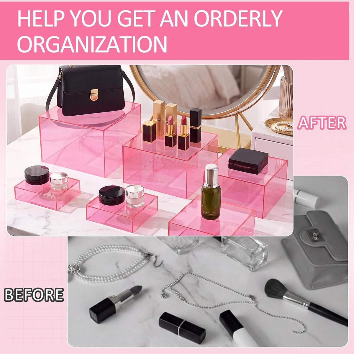 8 Pack Acrylic Buffet Display Risers for Food Jewelry,Pink,Flat | 3-10 Inch Cube Boxes with Hollow Bottoms, Clear