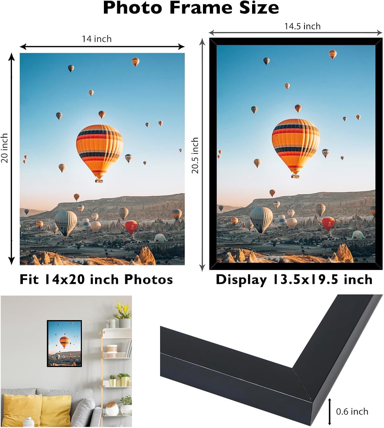 JCJMY 14x20 Picture Frame Set of 4 Black for Poster Photo Picture, Horizontal and Vertical Formats for Wall Hanging, 14