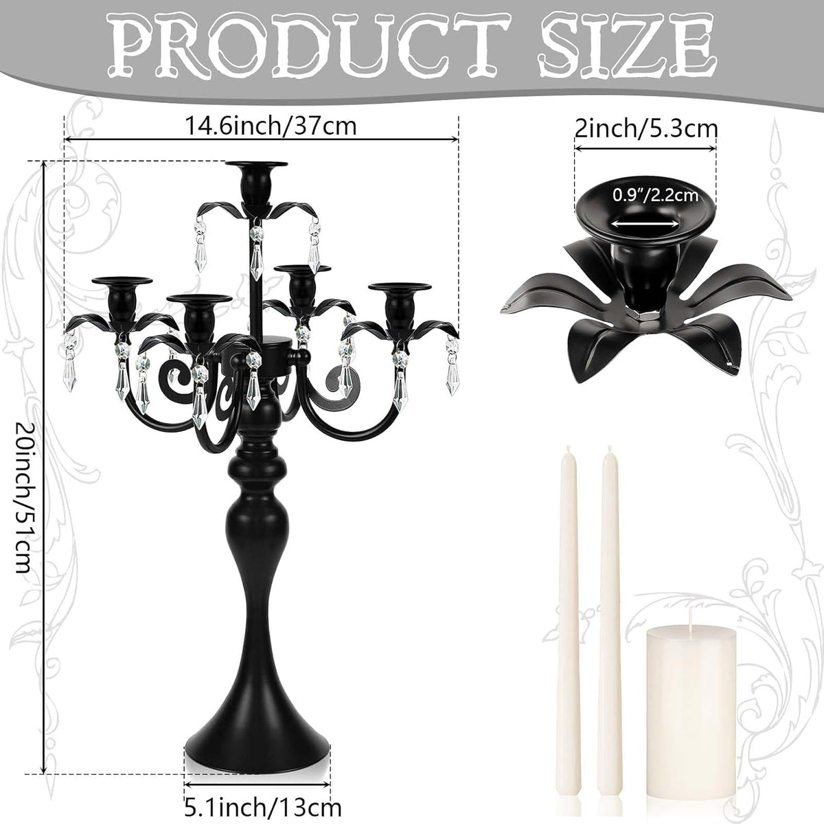 20''Tall Black Crystal Pendant Taper Candle Holders/Stylish Candle Stands/Candlesticks Holder/Candelabra for Home