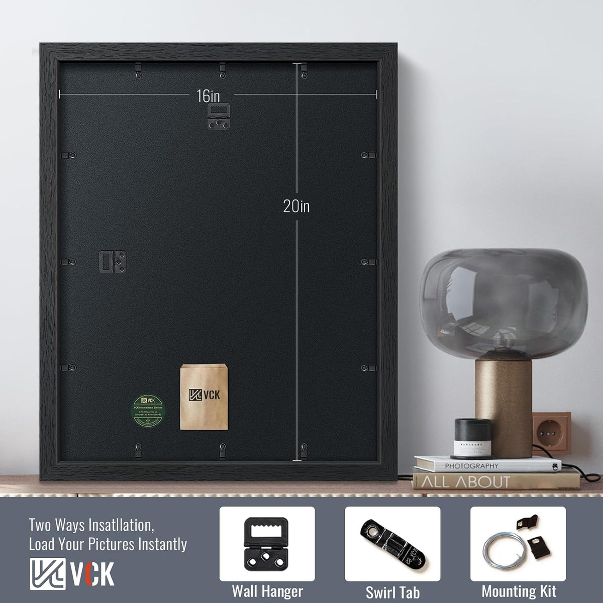VCK 16x20 Frames - Black, Wide Border Solid Wood Poster Frame, Display Pictures in Horizontal and Vertical, for Home