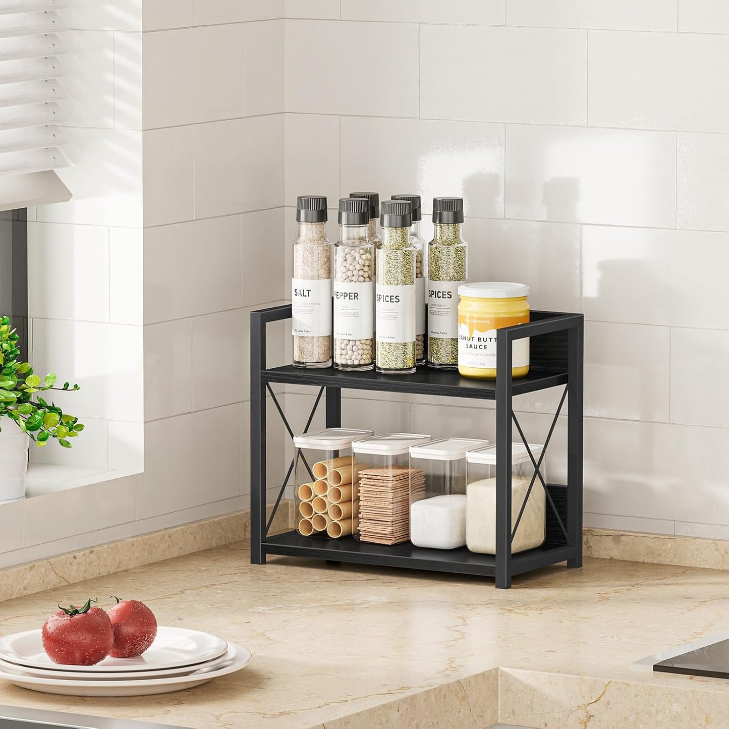 Giikin Kitchen Counter Shelf, 2 Tier Kitchen Spice Rack Organizer for Countertop, Wood Coffee Bar Organizer for Home