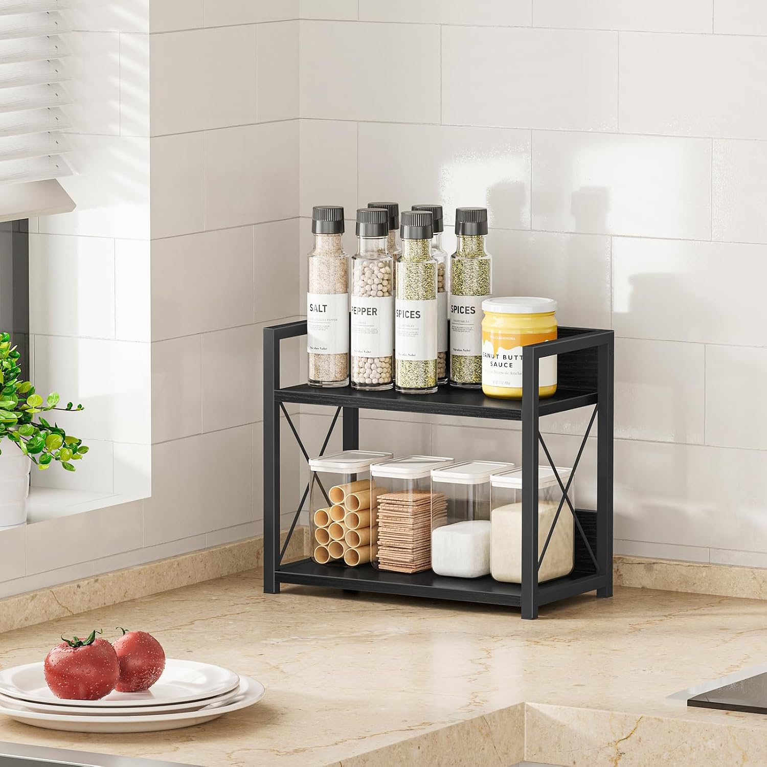 Giikin Kitchen Counter Shelf, 2 Tier Kitchen Spice Rack Organizer for Countertop, Wood Coffee Bar Organizer for Home