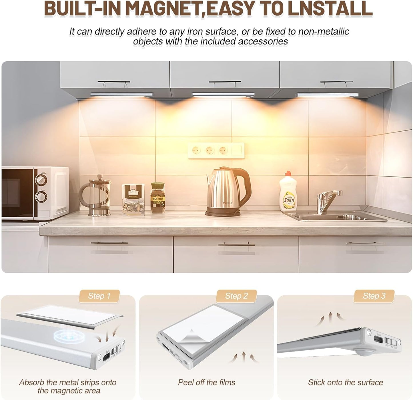 12 inch Under Cabinet Lighting, 6 Pack Motion Sensor Light Indoor Rechargeable Magnetic Closet Lights Battery Operated
