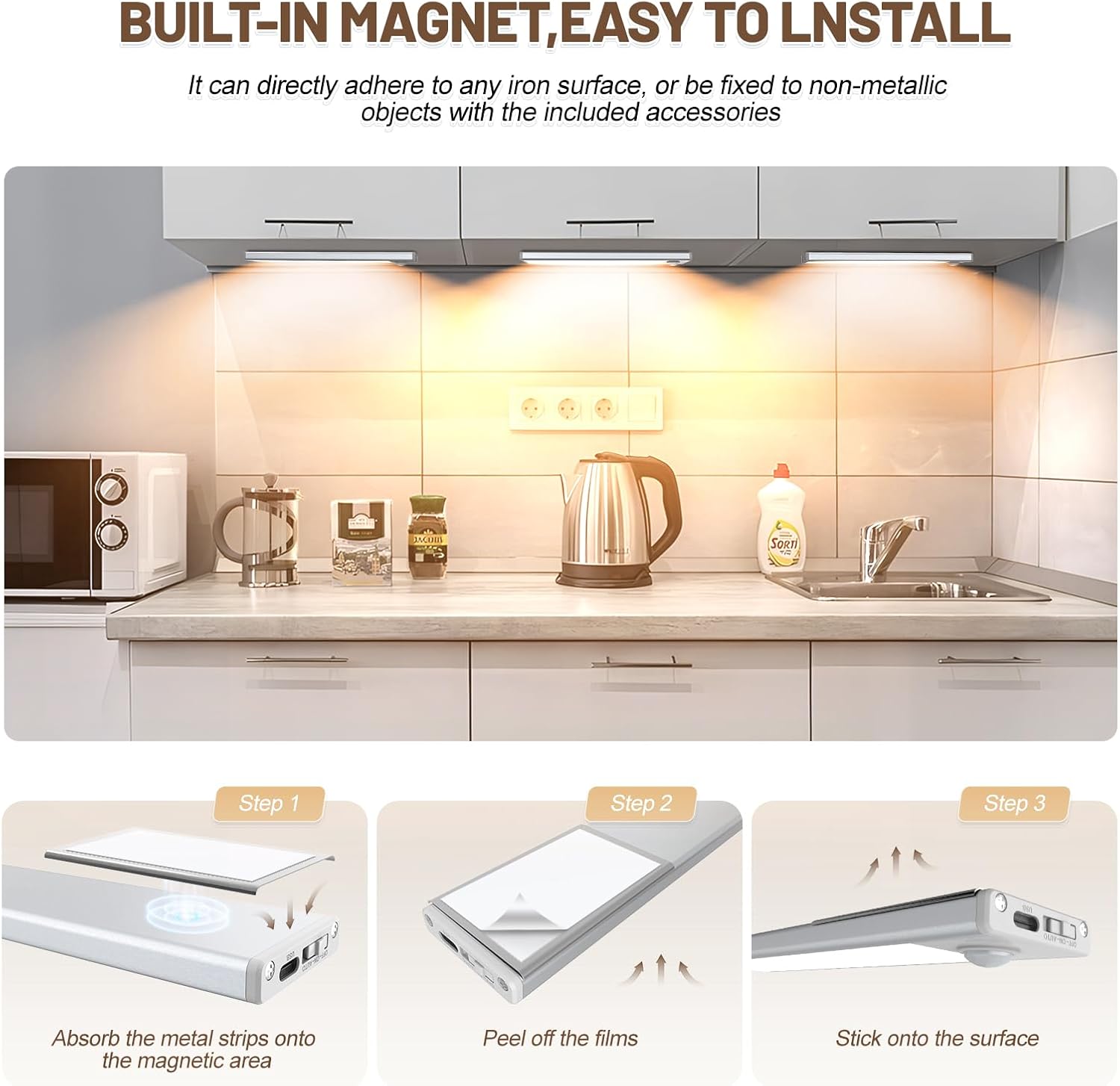 12 inch Under Cabinet Lighting, 6 Pack Motion Sensor Light Indoor Rechargeable Magnetic Closet Lights Battery Operated