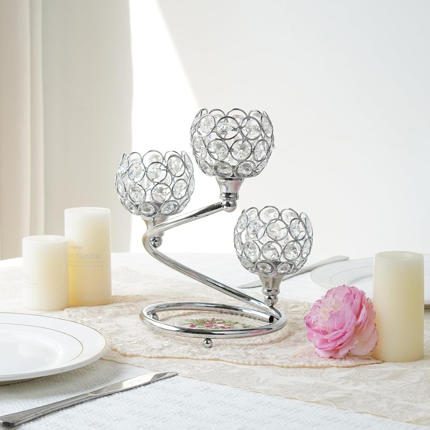 Metal Crystal Candle Holder Set of 6 - Elegant 3-Arm Tea Light Centerpiece with Shining Crystal Bowl, Wedding