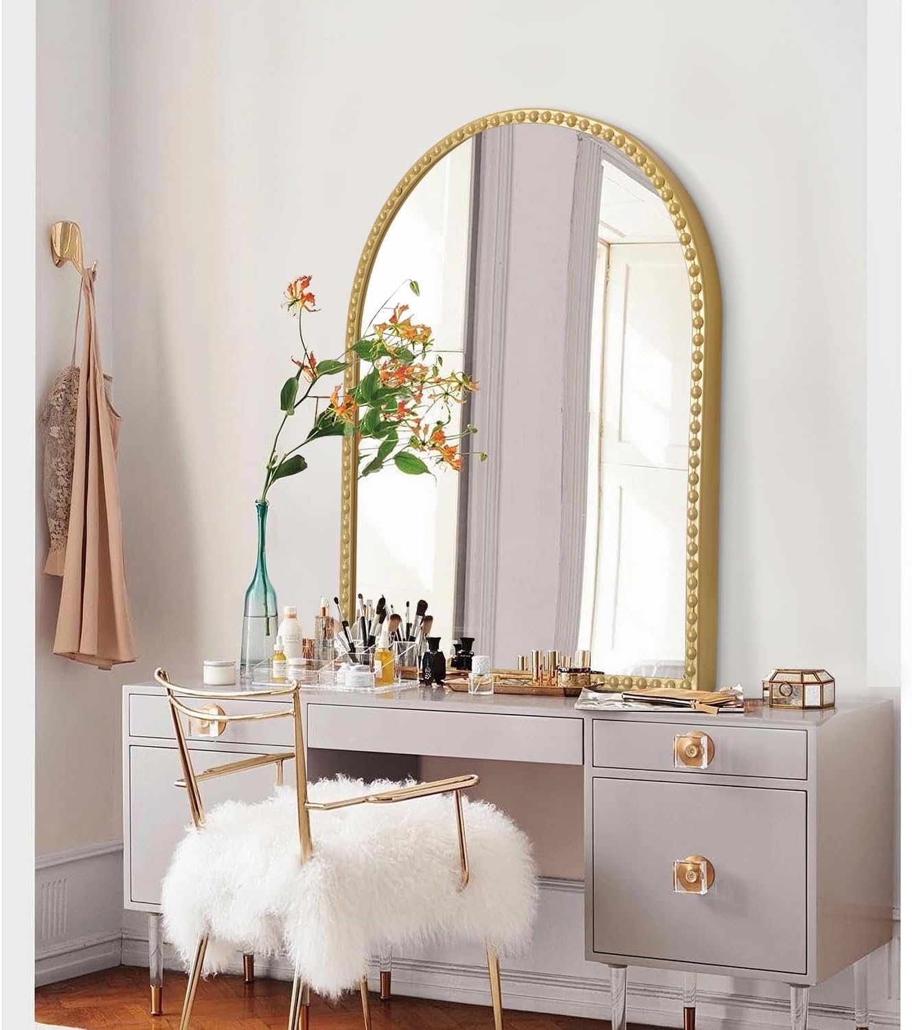 Beaded Framed Metal Accent Wall Mirror Decorative Bathroom Living Room Bedroom / 30"L x 20"W / Gold
