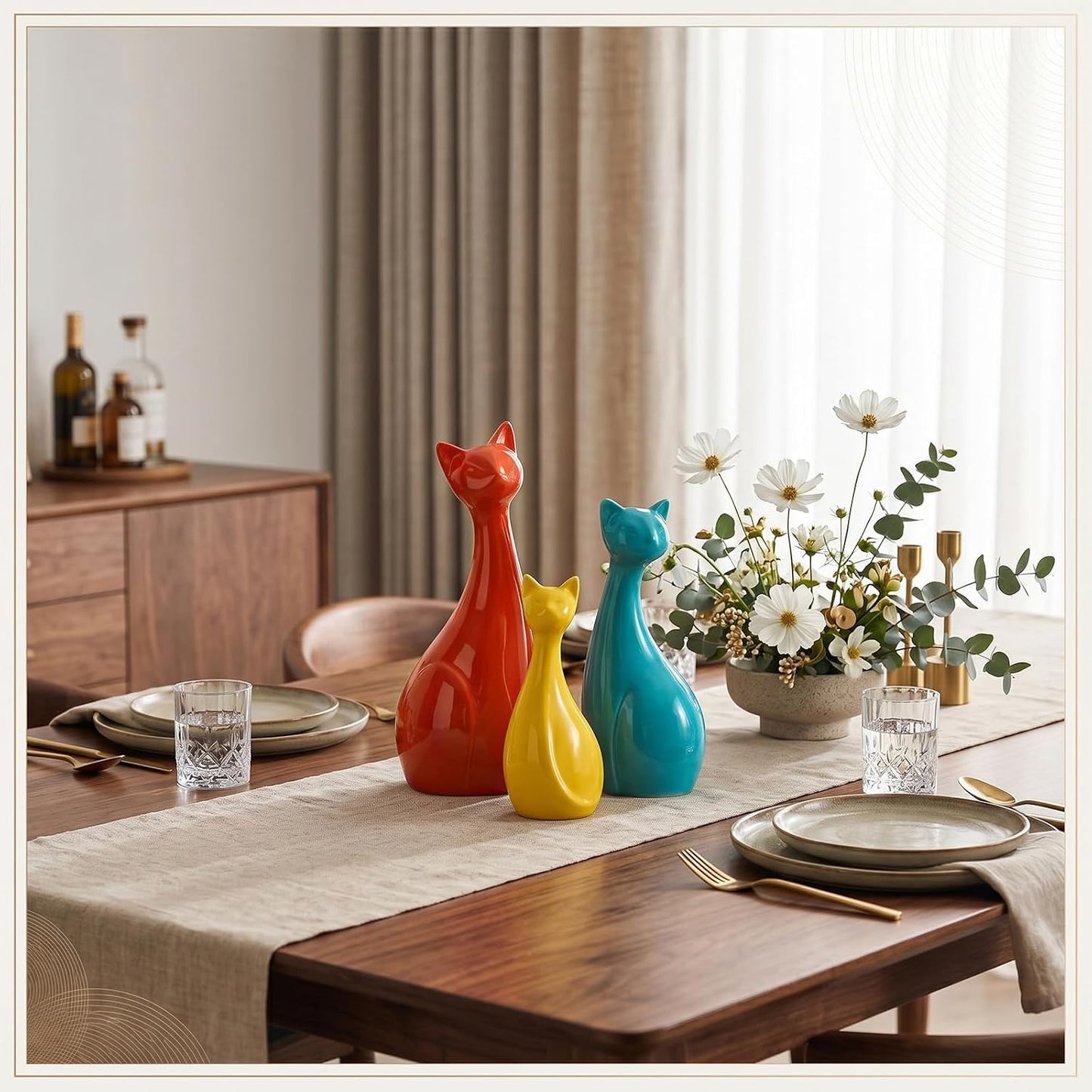 Mid Century Modern Decor Medieval Table Decor Ceramic Cats Blue and Yellow / Orange / Set of 3