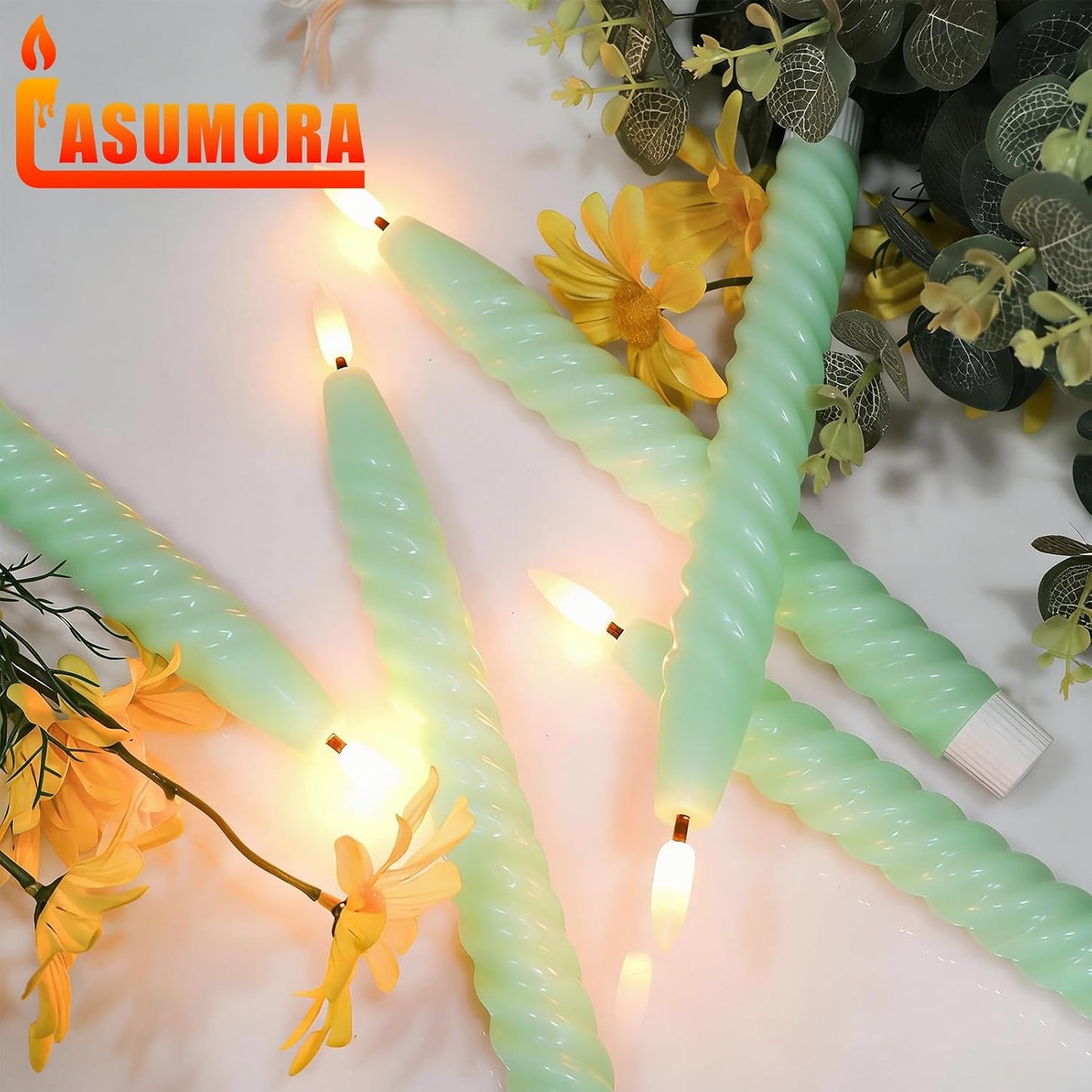 Green Flameless Taper Candles Flickering with Remote Timer | LED Spiral Taper Candles, Flameless Candlesticks, Battery