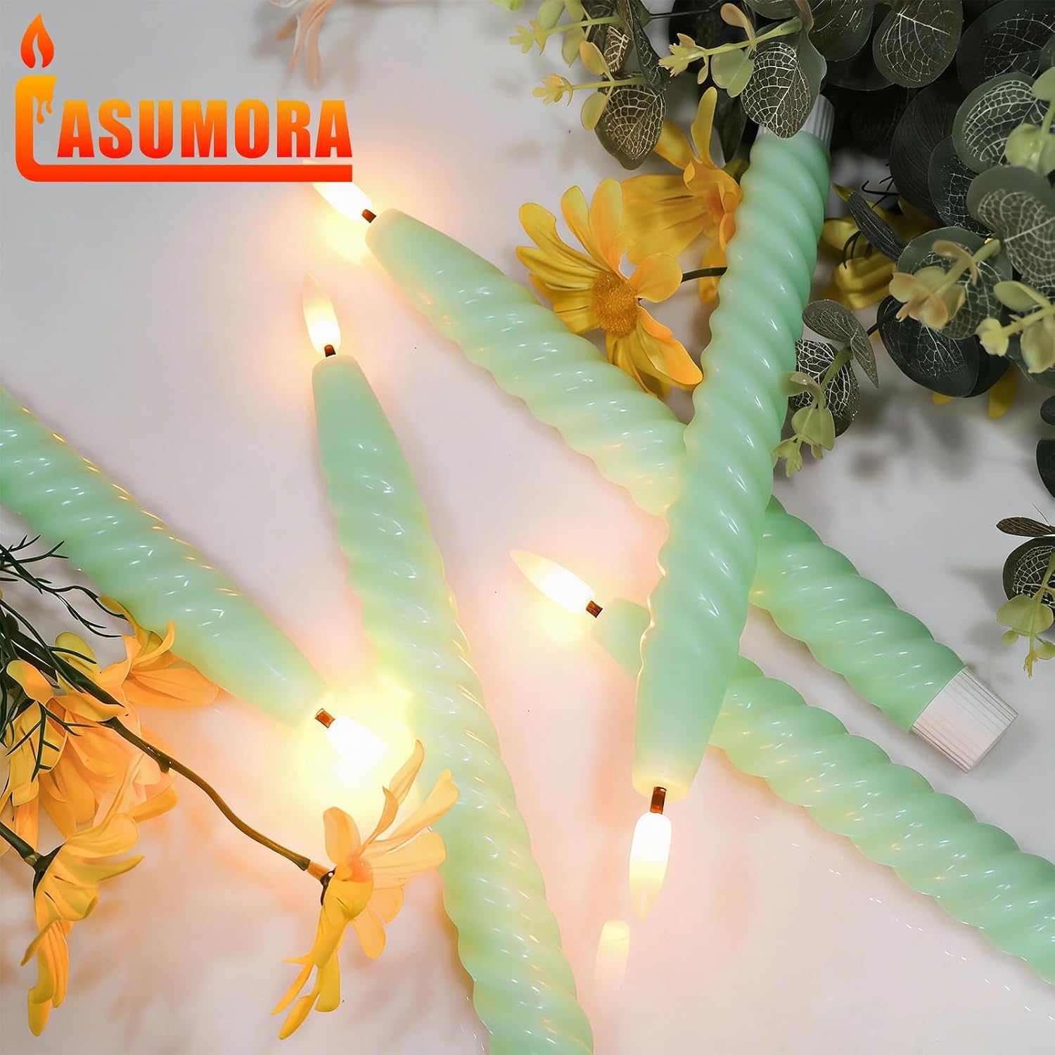 Green Flameless Taper Candles Flickering with Remote Timer | LED Spiral Taper Candles, Flameless Candlesticks, Battery