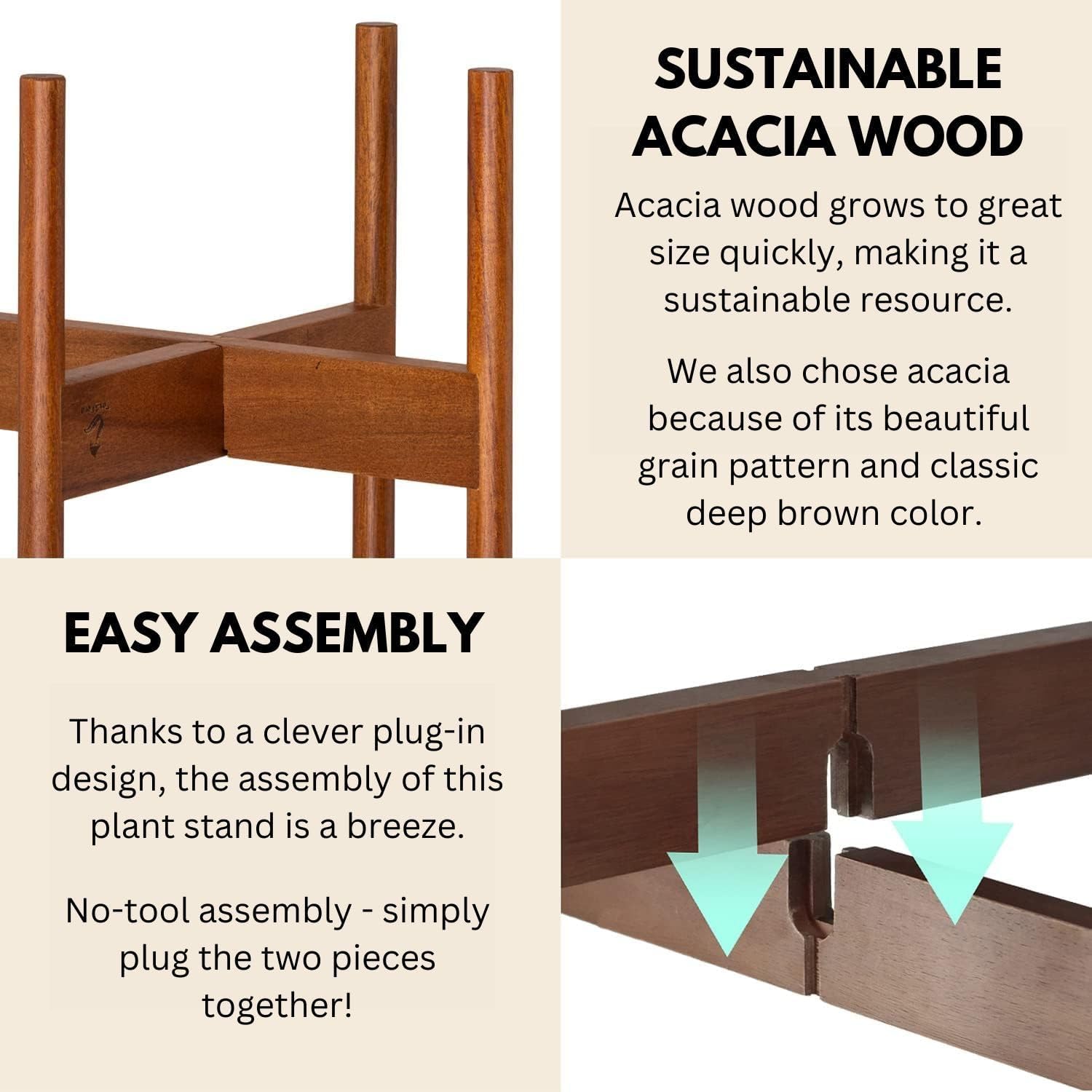 Fox & Fern Mid Century Plant Stands for Indoor Planters, Acacia, 10 Inch | Plug In Design, Holds 175 lbs, Two High