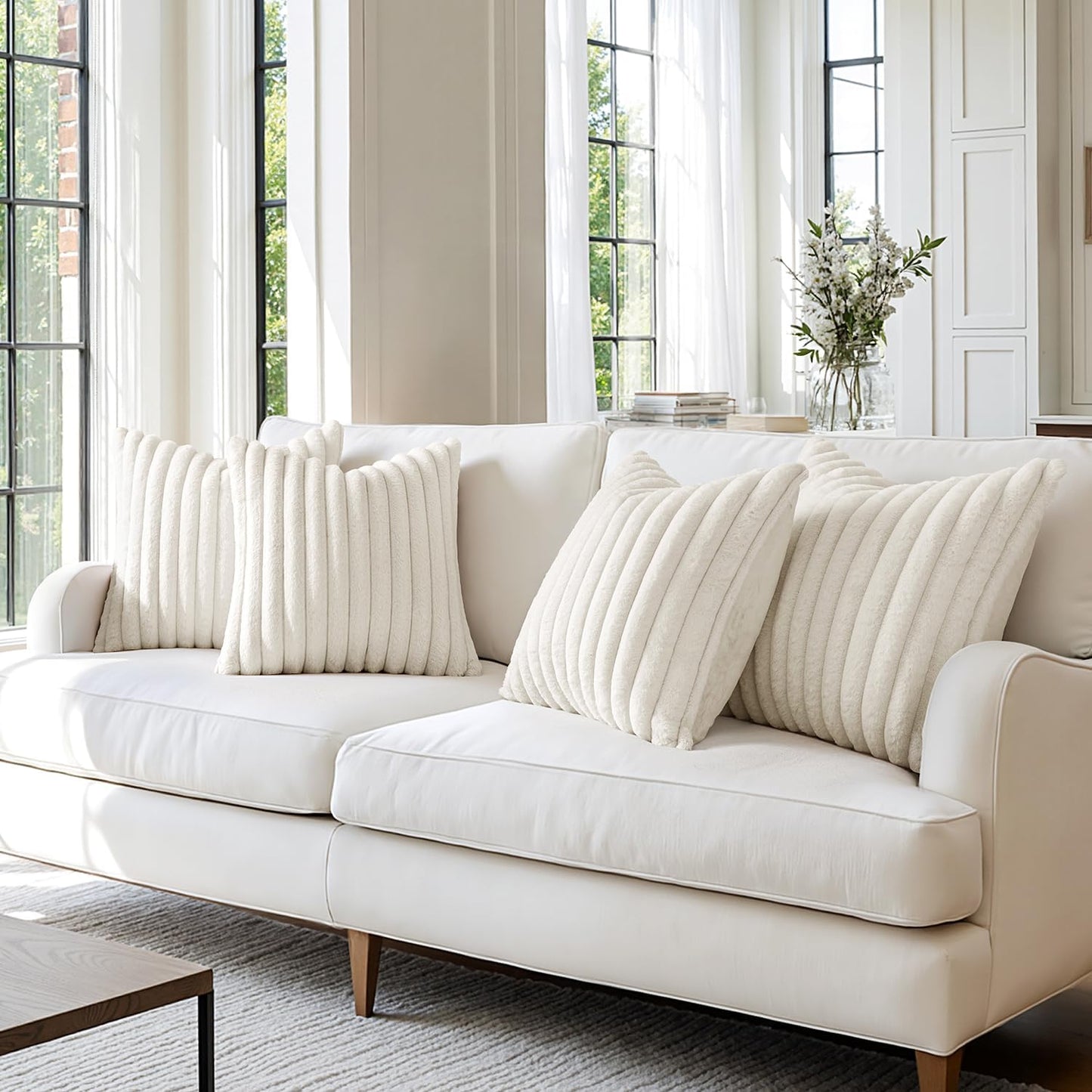 Faux Fur Plush Decorative Throw Pillow Covers / 18 x 18 / Cream White / Set of 4