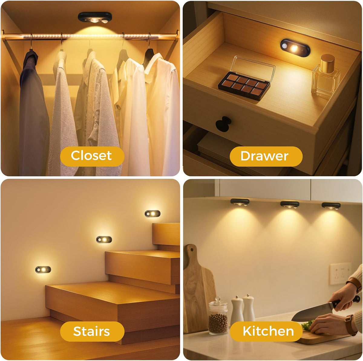 6 Pack LED Motion Sensor Puck Lights, Small Rechargeable Under Cabinet Lights, Dimmable Warm White Closet Lights