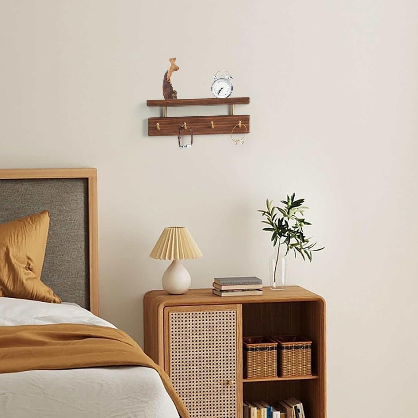 Solid Wood Shelf with Hooks, 12 inch Coat Rack Wall Mount, Shelves with 4 Brass Hooks for Hanging in Entryway, Living