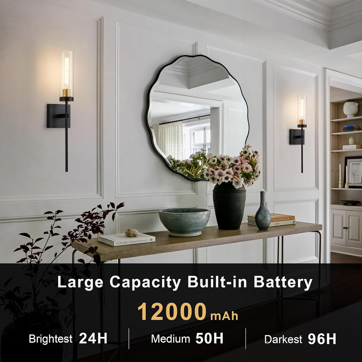 Battery Operated Wall Sconce Set of 2, Black & Gold Wireless Sconces Wall Decor, Rechargeable Wall Lights for Bedroom