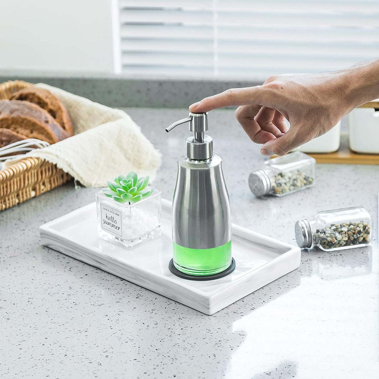 Gaussra 2 Pack Soap Dispenser with Coaster and Stickers - 11 OZ / 320 ML | Stainless Steel Case Glass Liner Hand Pump