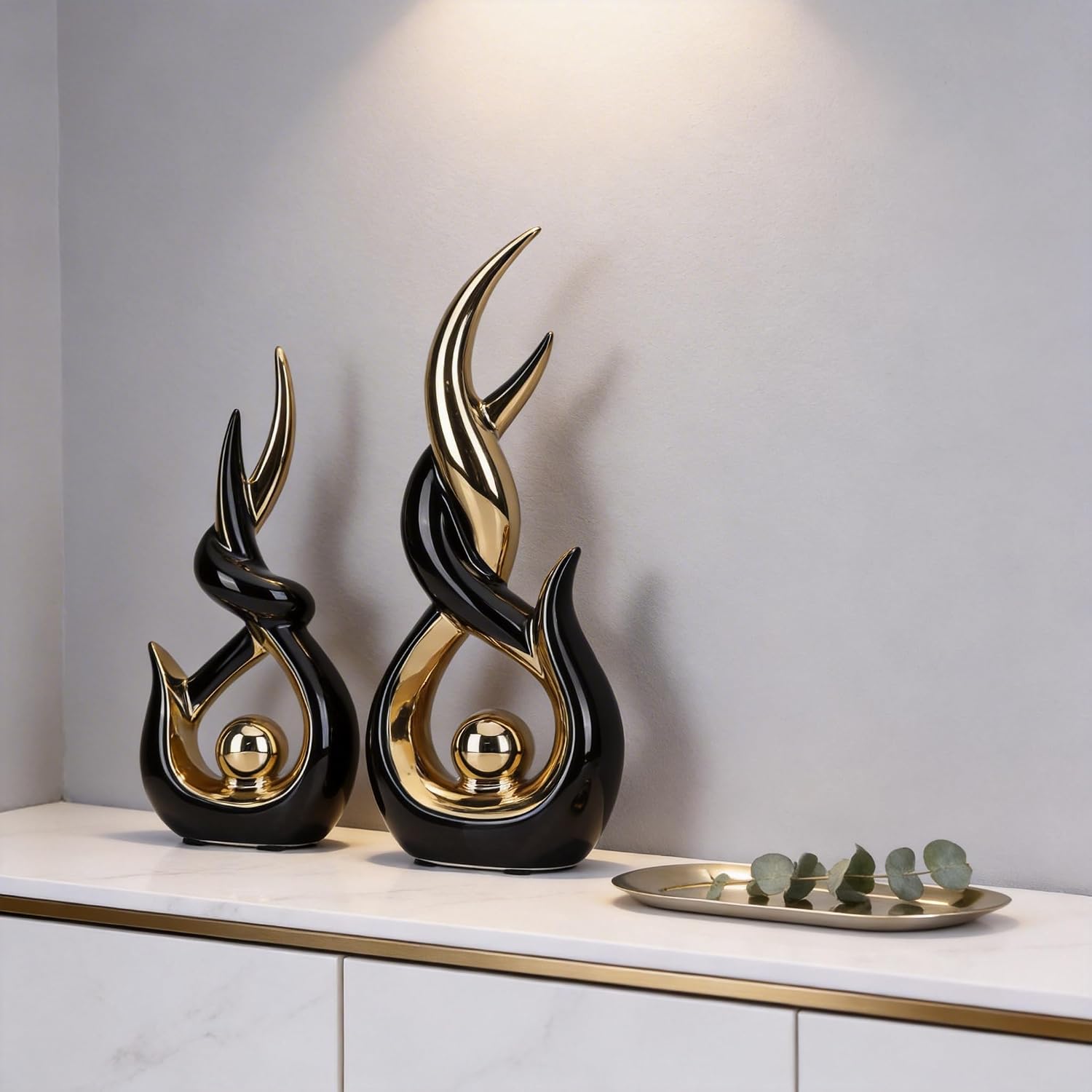 Gold Ceramic Abstract Sculpture / Bg / Black / Set of 2