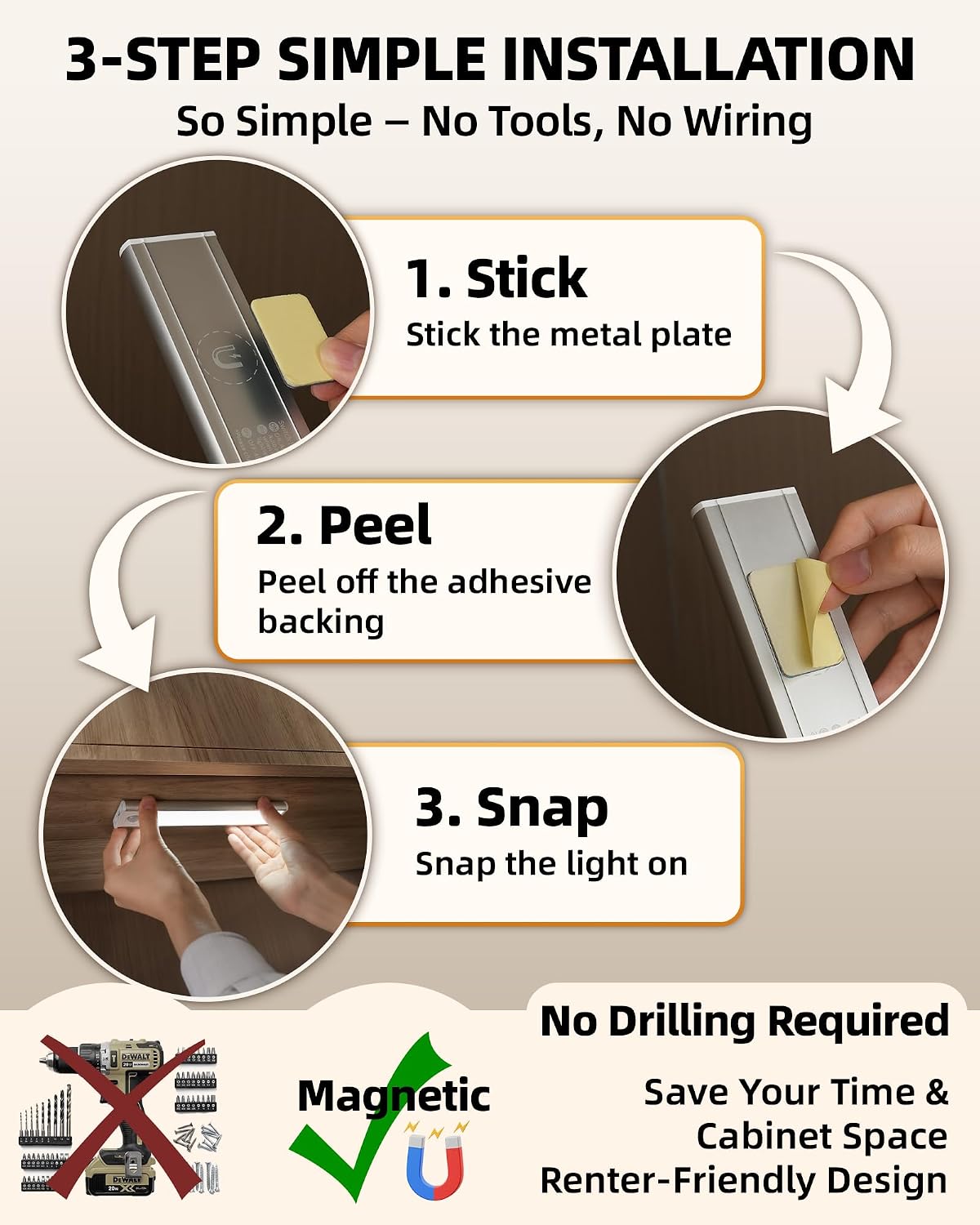 Under Cabinet Lights, Motion Sensored Closet Lights | 6-Pack, 1800mAh Rechargeable Battery, Wireless, Magnetic, 3 Color