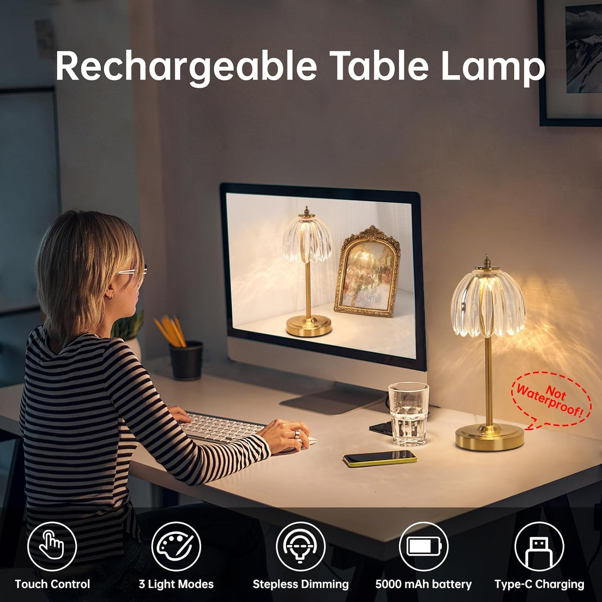 Shenmoyl Tulip Table Lamp with 5000mAh Battery & Touch Control, Cordless Table Lamp with 3 Colors, Dimmable