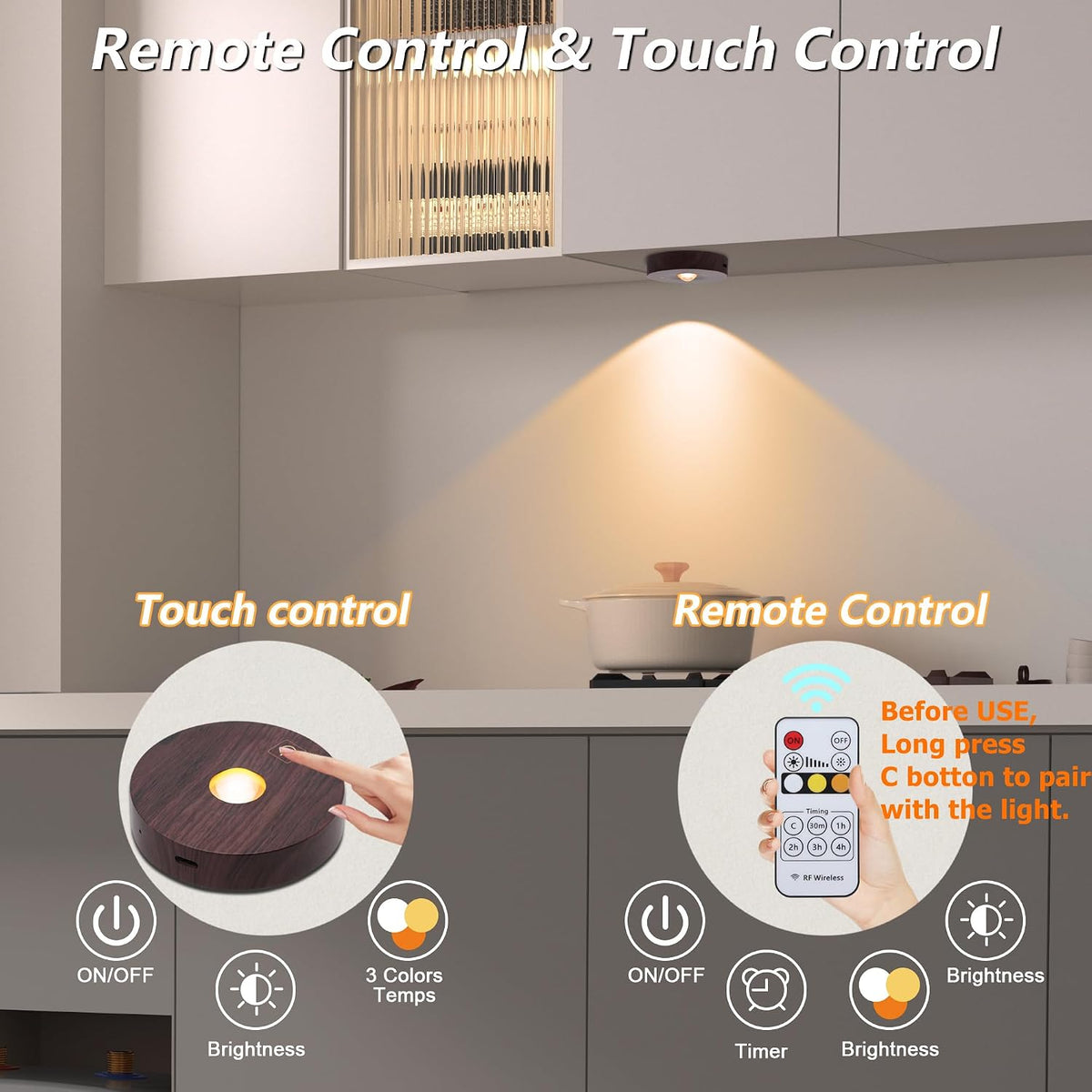 Rechargeable Puck Lights, 3 Color Temp & Dimmable Under Cabinet Lighting wireless, Magnetic Battery Operated Under