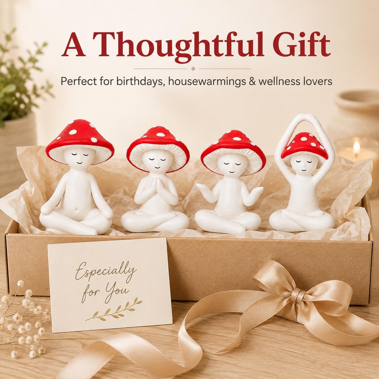 Meditation Mushroom Statue Yoga Mushroom Figurine Tabletop Decor / Red / Set of 4