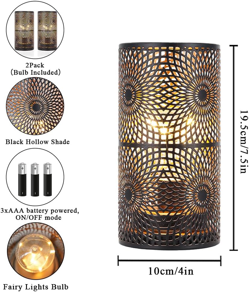 JHY DESIGN Set of 2 Black Table Metal lamp Battery Powered Cordless Accent Light with Edison Style Bulb Battery