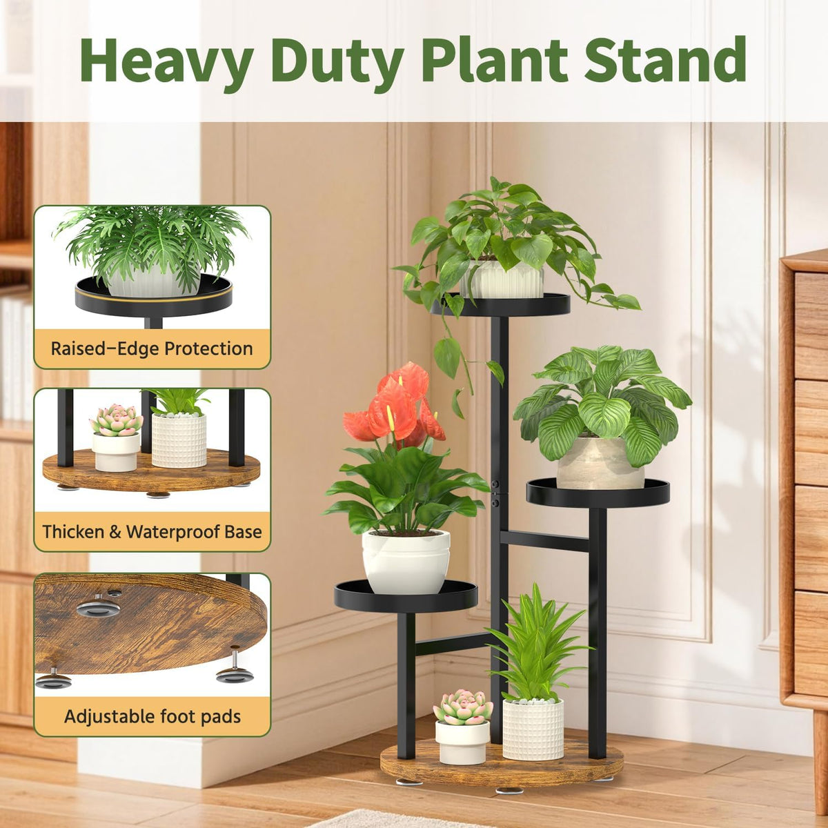 LASZOLA Corner Plant Stand Indoor Flower Shelf Tall, 3 Tiers Metal Black | Heavy Duty Wooden Holder Rack, for Mutiple