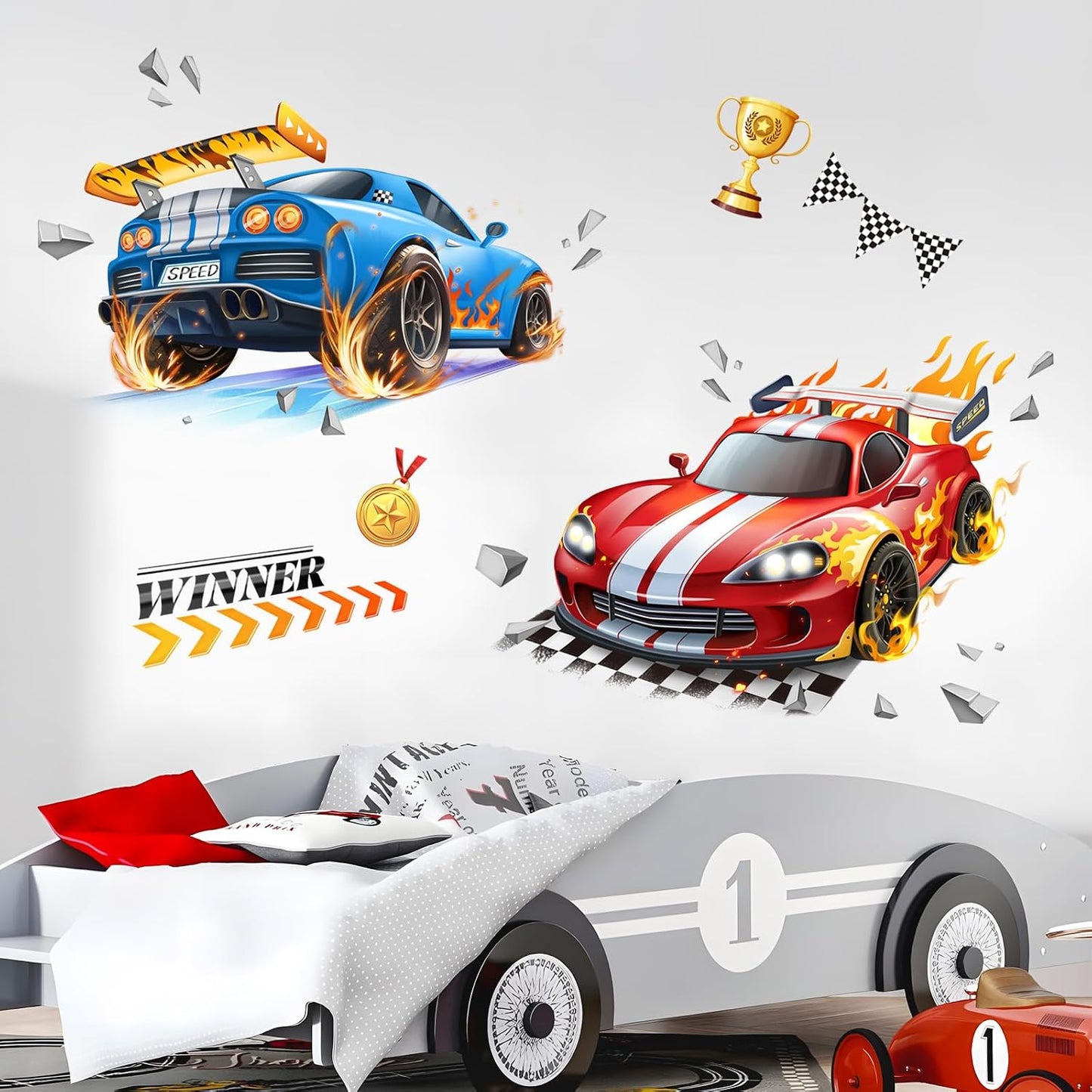 3D Racing Car Wall Decals Blue Flame Trophies Wall Stickers Peel and Stick Wall / Sports Car / Red