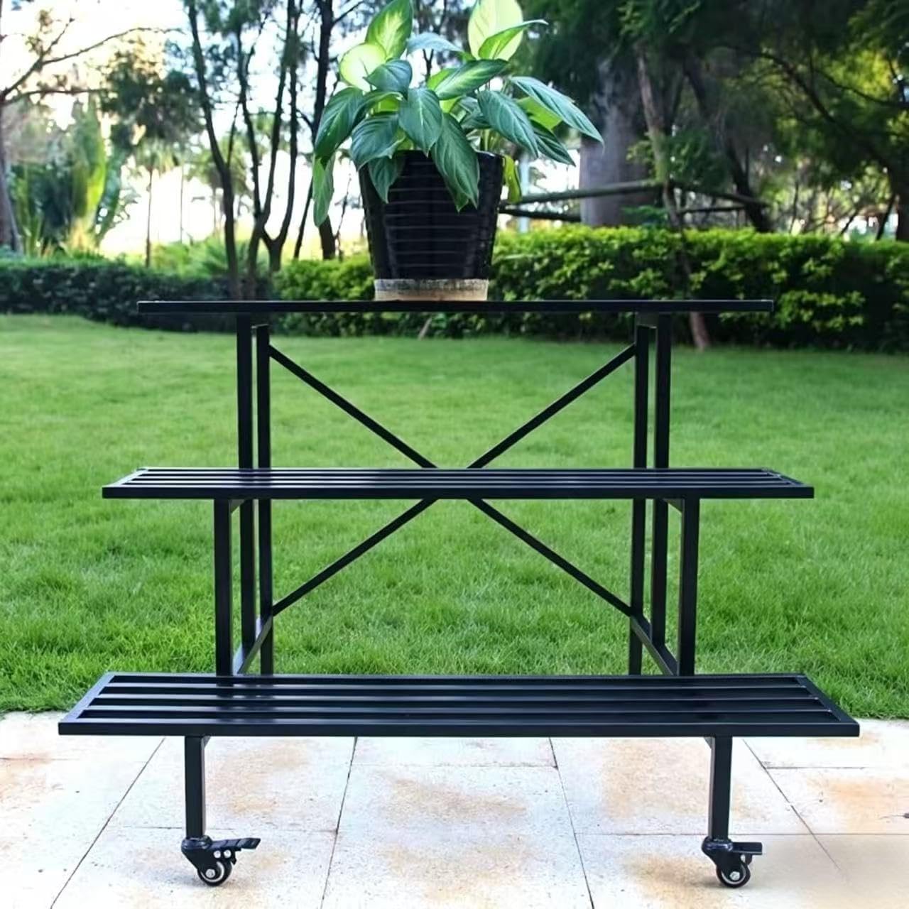 Zhongma 3 Tier Sturdy Metal Plant Stand with Wheels, L35.43 x W26 x H26 inch, Heavy Duty Plant Holder for Home Indoor