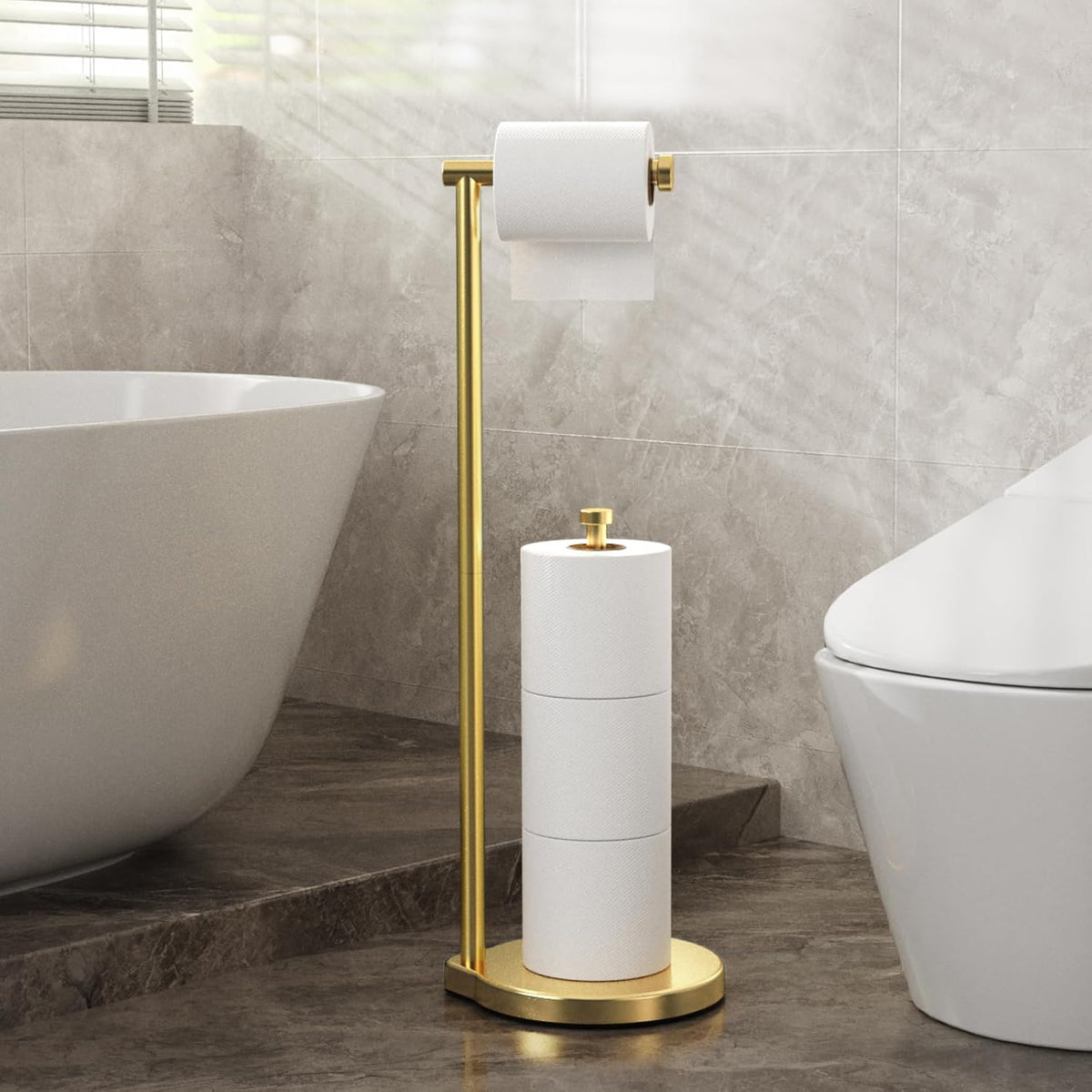 theaoo Heavy-Duty Toilet Paper Holder Stand, Bathroom Storage, Gold | Freestanding Toilet Tissue Paper Roll Holder with