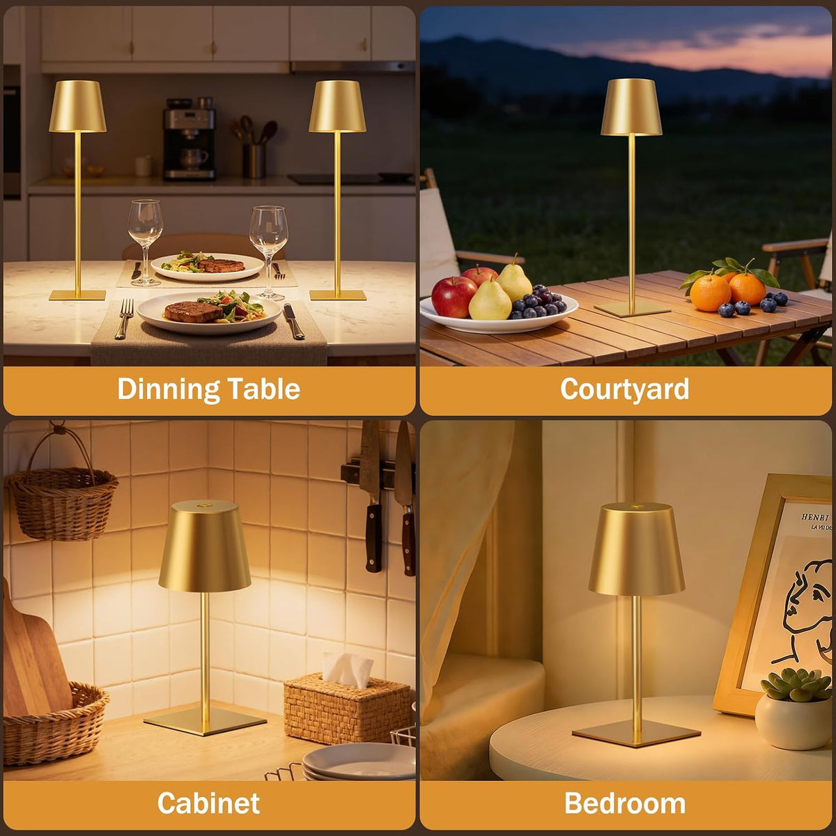 Kakanuo Gold Rechargeable Table Lamp, Cordless Battery Operated Lamp Set | 5000mAh, Touch Control, 3 Color Modes