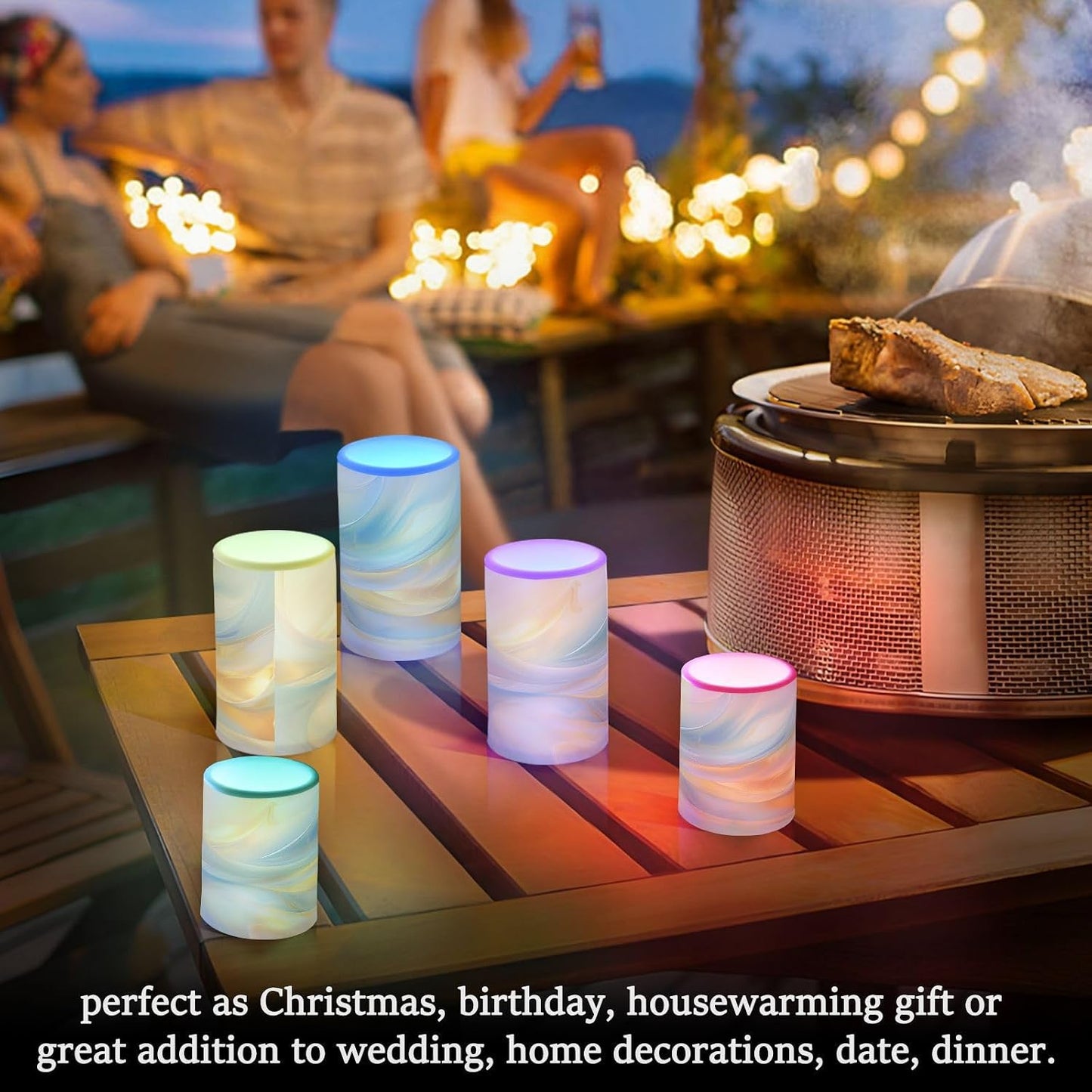 Flickering Flameless Candles, Blue Gold Marble LED Candles with Remote Timer, Set of 2 Battery Operated Candle for