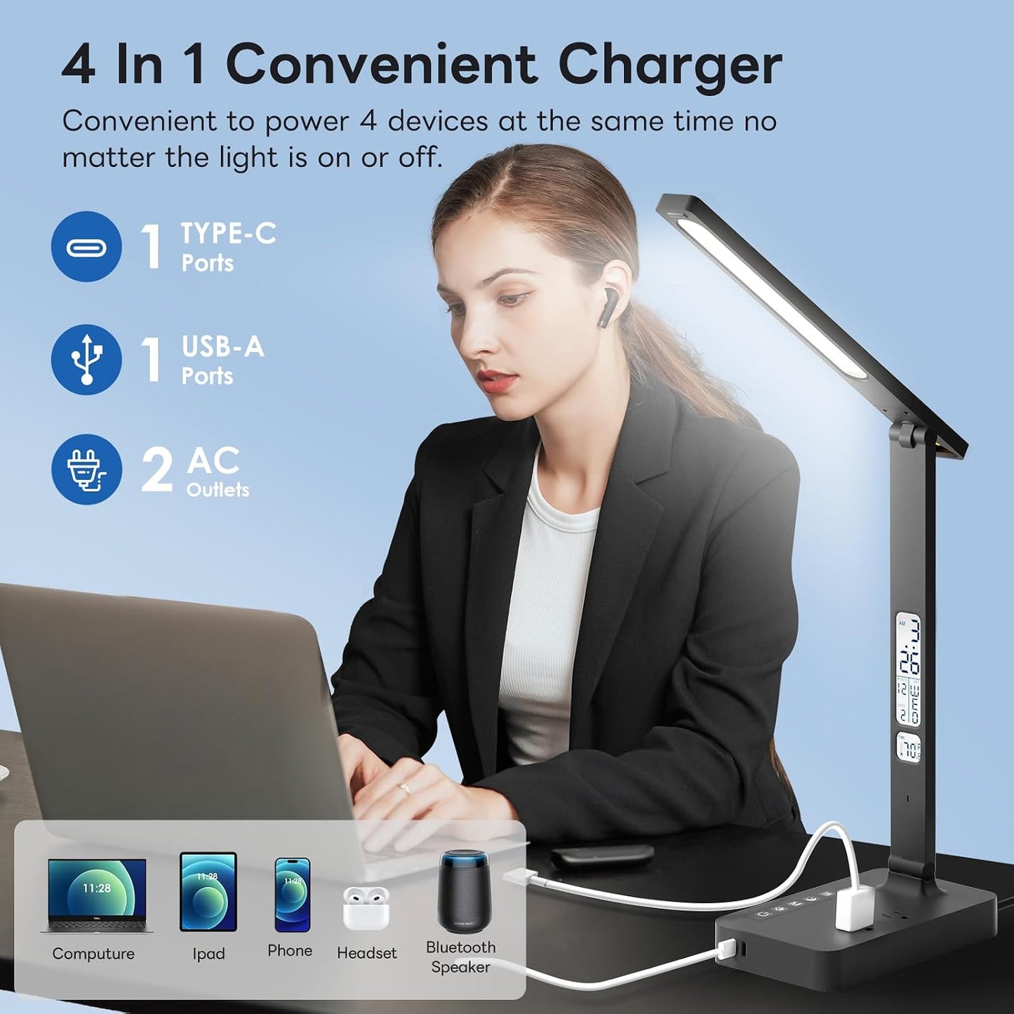 Infiway Desk Lamp with USB Charging Port: LED Stepless Dimmable Eye Caring Desk Light for Home Office - 1 Type-C, 1