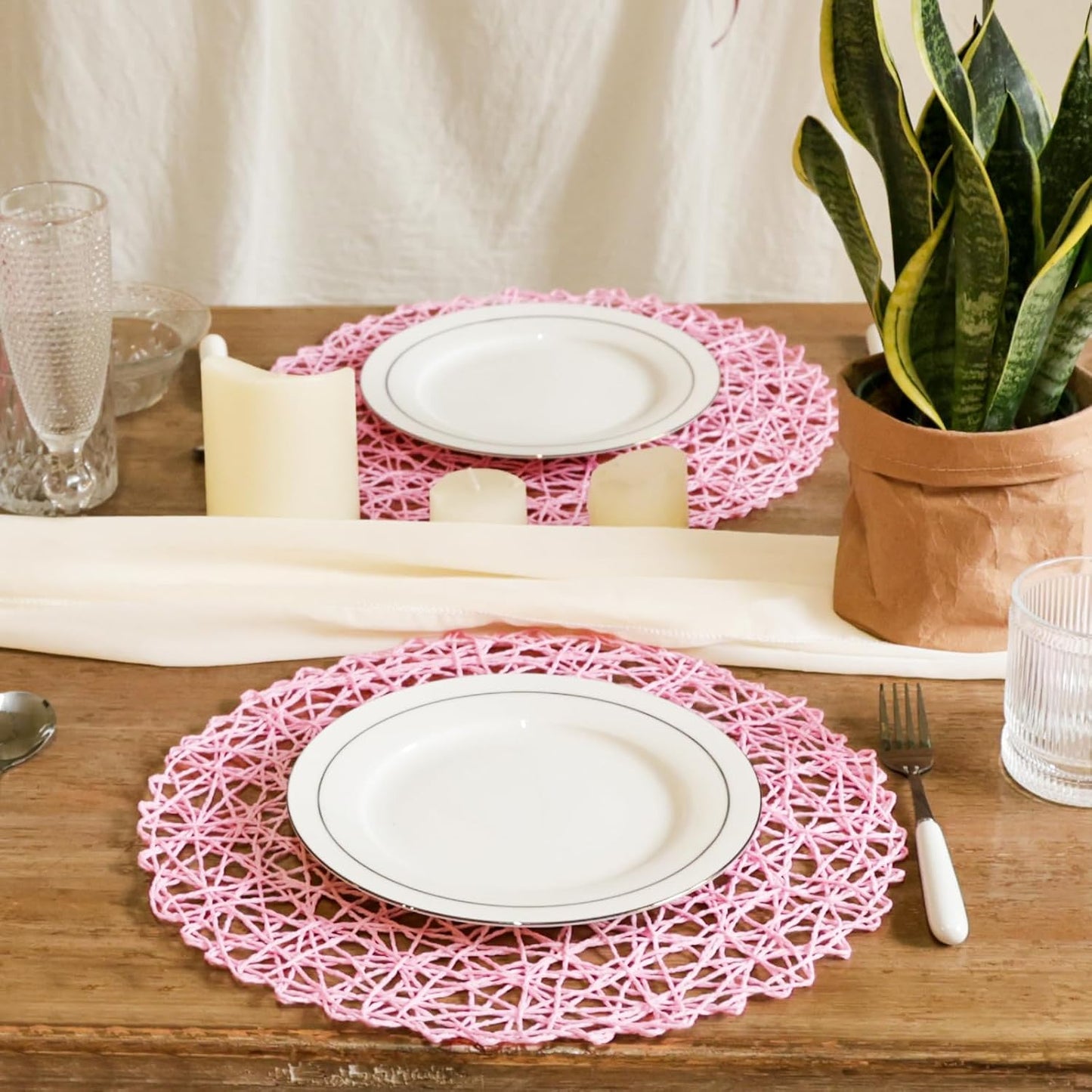 AHHFSMEI Paper Braided Round Placemats Set of 12 Natural Non-Slip Heat Resistant Table Mats for Dining Tables Woven