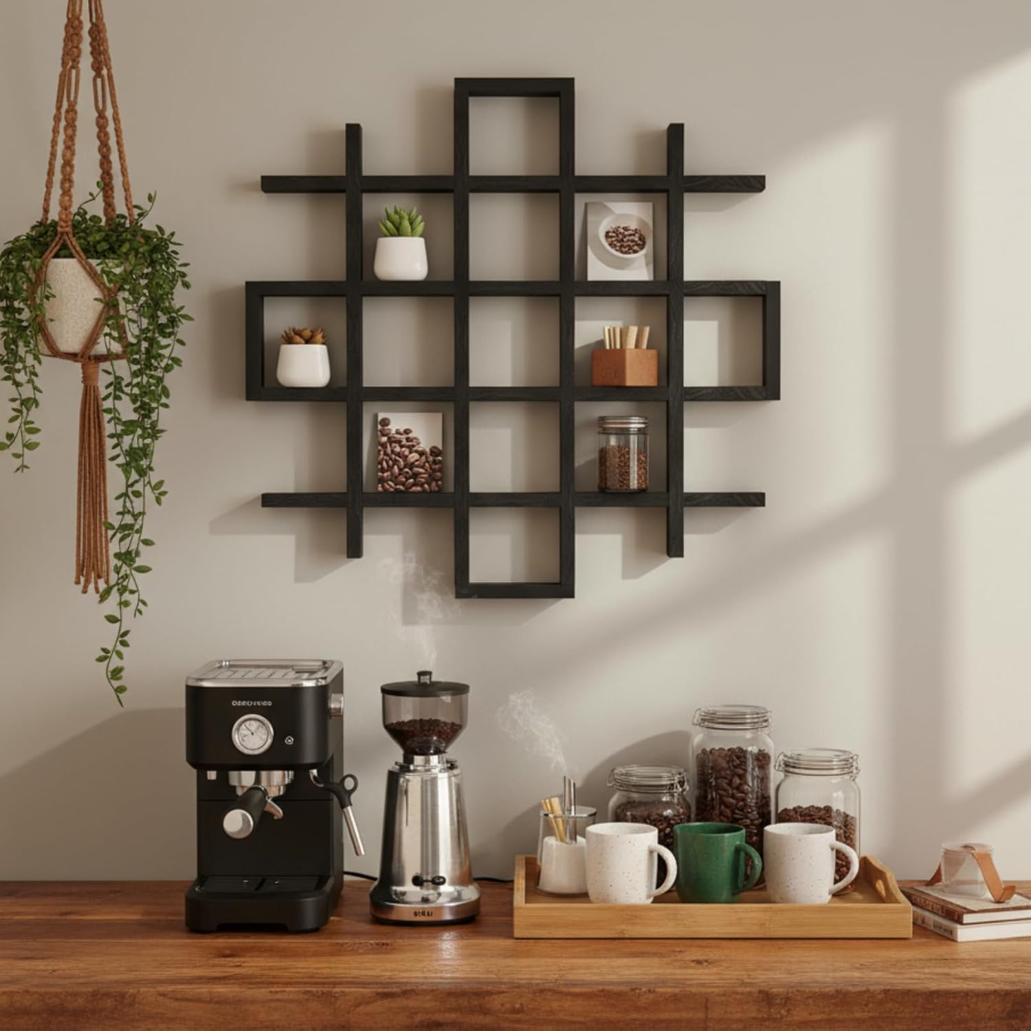 Suzile Mug Display Shelf Wall Mounted,Grid Size 5.1x5.1x3in,Black | Rustic Wood Floating Shadow Box for Coffee Mugs