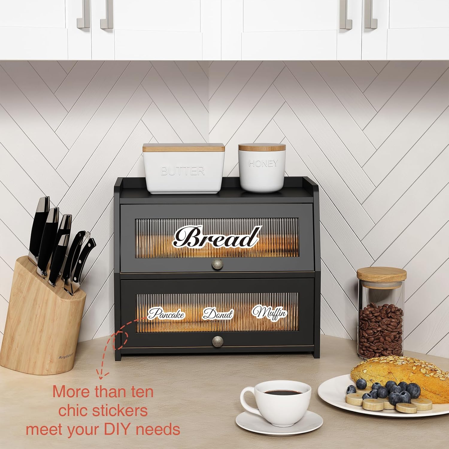 Goozii Large Bread Box for Kitchen Countertop, Black Bread Storage Container for Homemade Bread, Double Layer Farmhouse