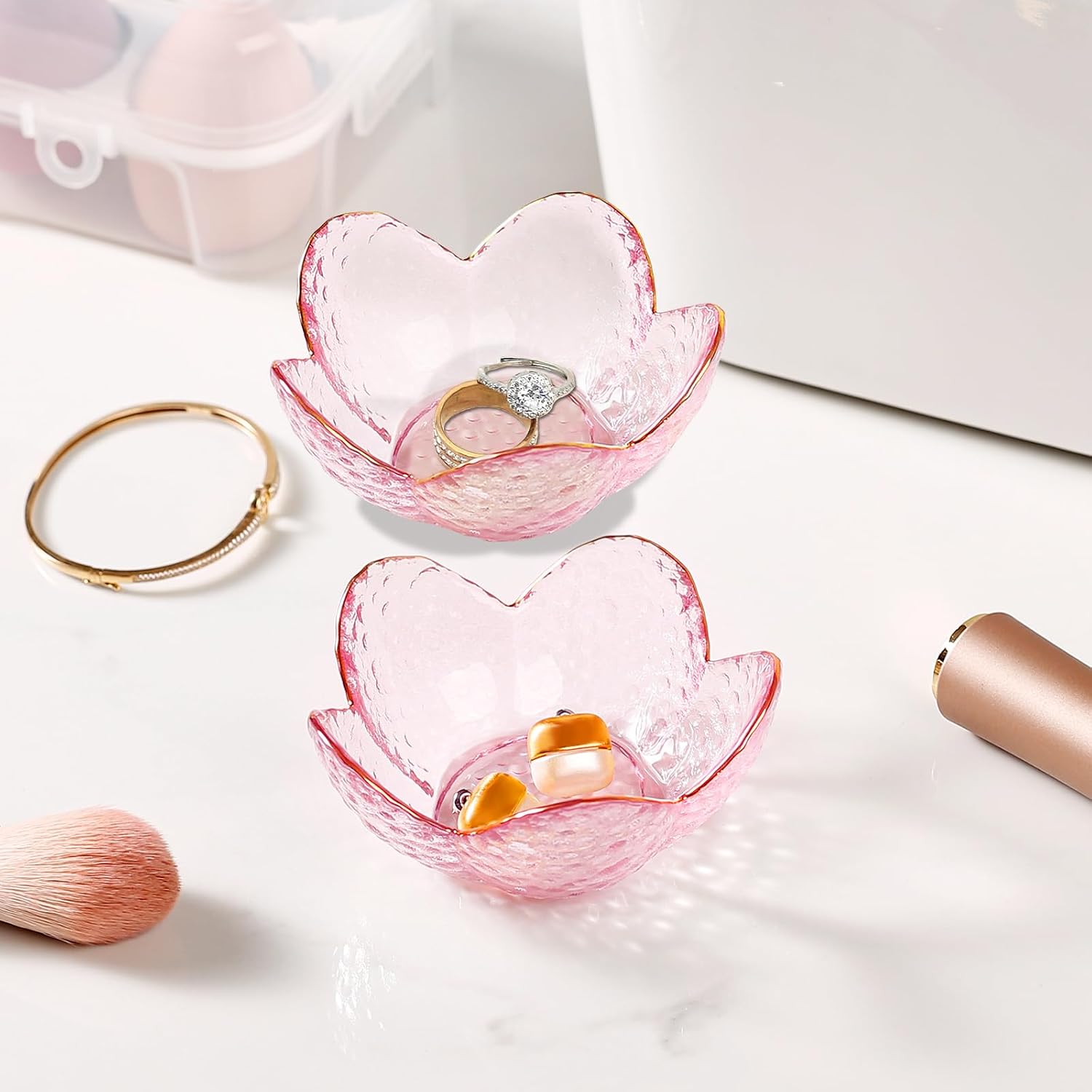 Gifts for Women Trinket Dish Flower Jewelry Dish Pink Glass Ring / Golden-edged Pink / Set of 2