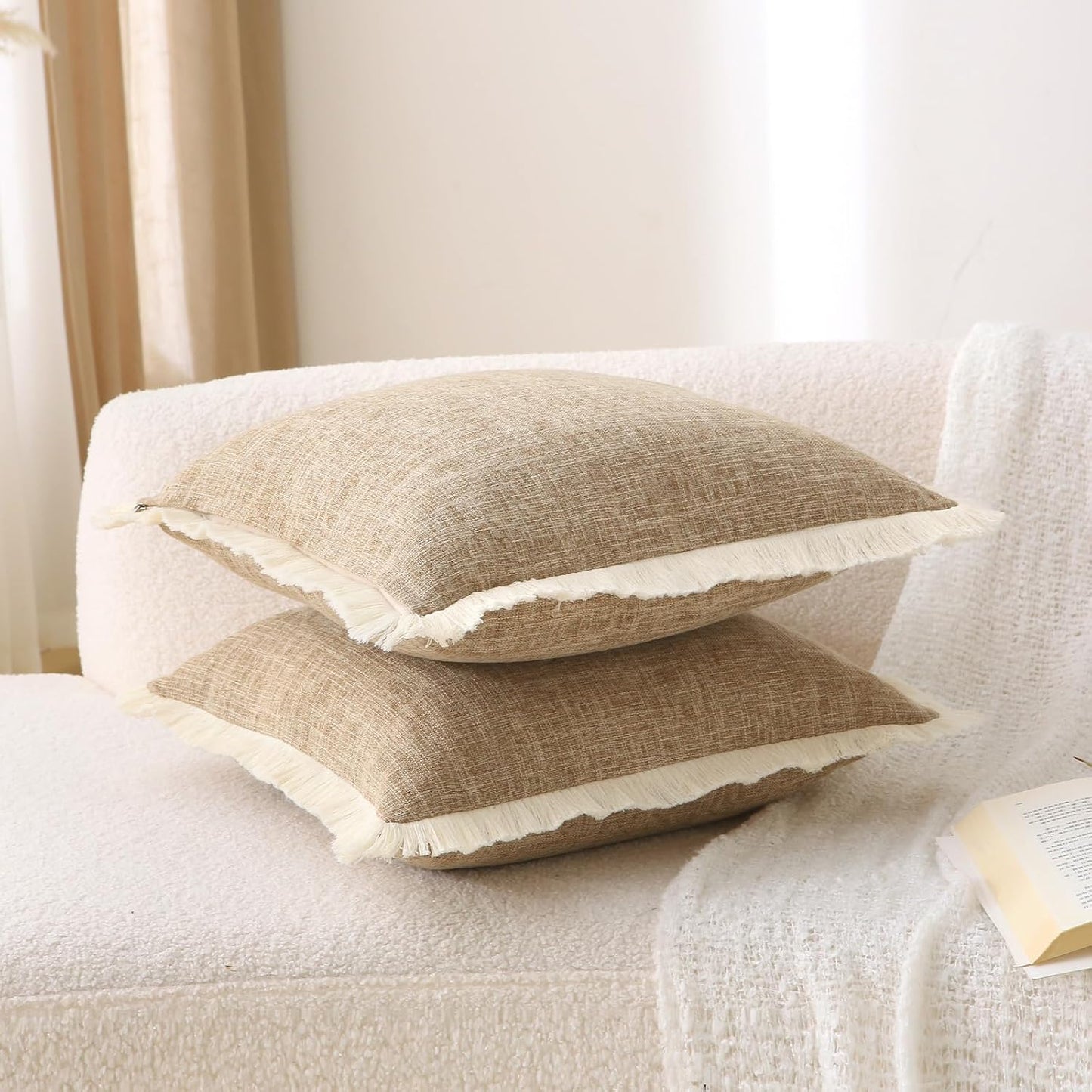 Khaki Boho Burlap Fringe Decorative Throw Pillow Covers Rectangle / Taupe / 20 x 12 / Set of 2