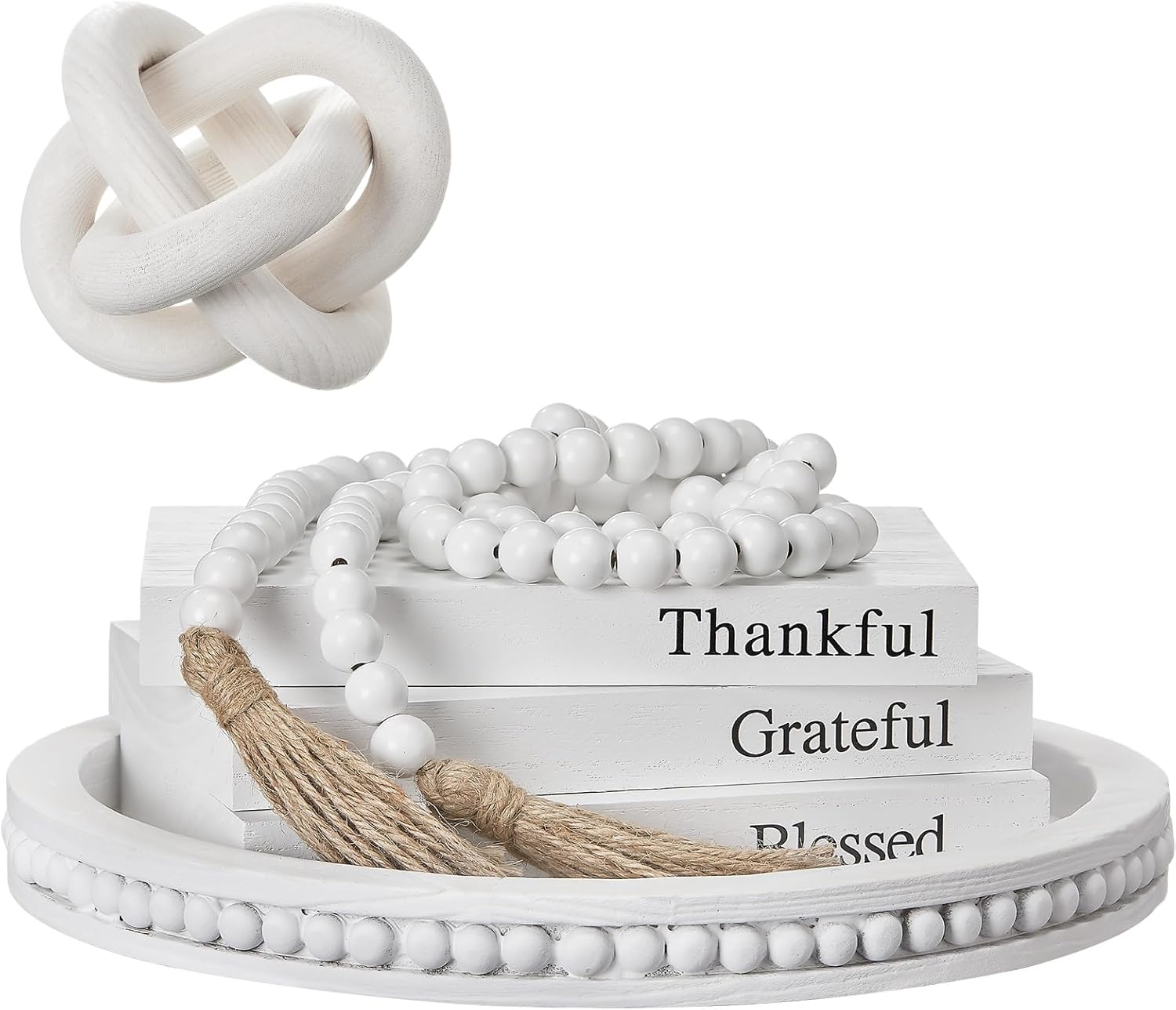 Rustic Wooden Coffee Table Tray Decoration Set / White / Thankful / Set of 6