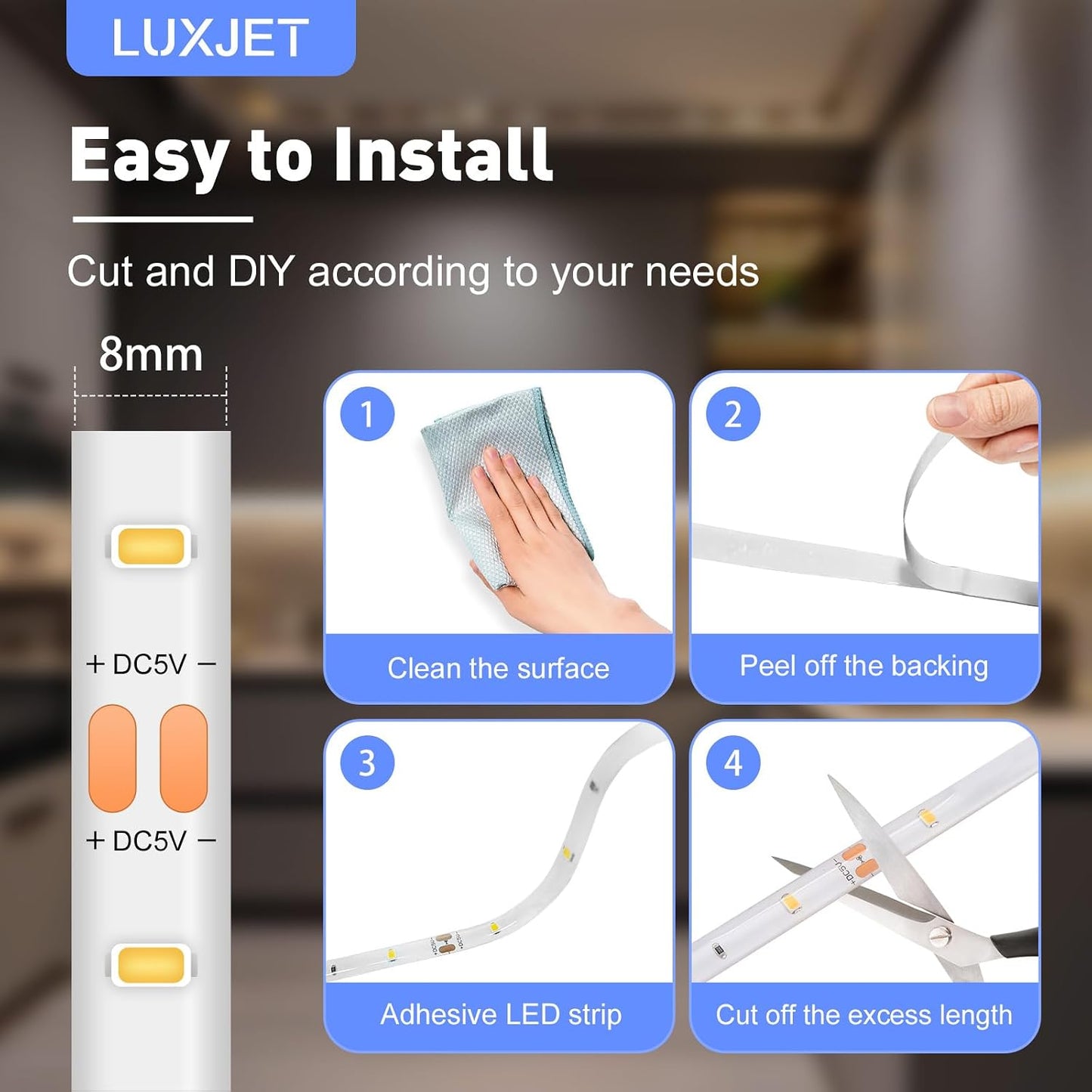 LUXJET Rechargeable LED Strip with Motion Sensor (2Pack-3.3FT, Warm White) | Motion Activated, 1500mAh Battery