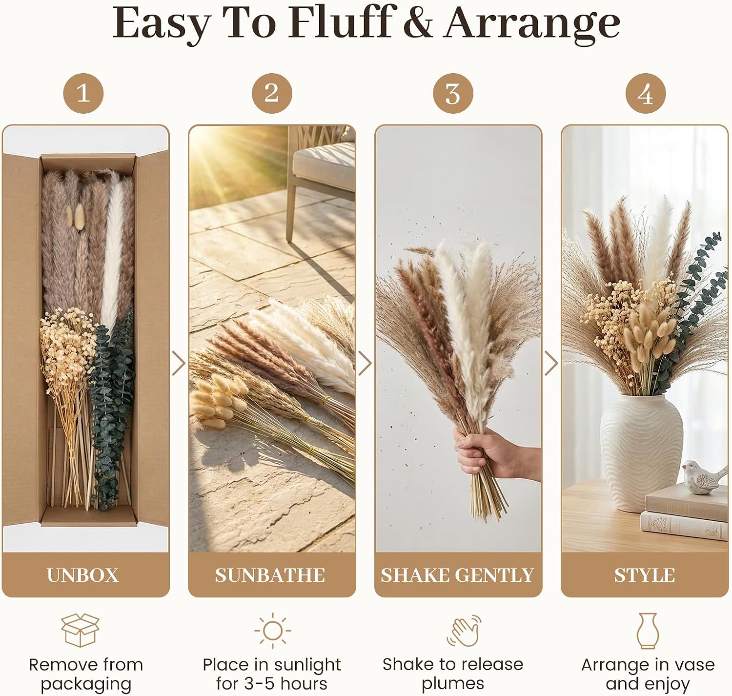 Dried Pampas Grass Set for Vase / Natural / 17 Inch / Set of 120