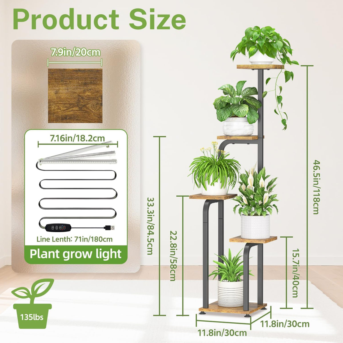 iDavosic.ly Tall Plant Stand Indoor with Grow Lights & Wooden Trays, Brown | 4 Tier Multiple Flower Holder Shelf, Space