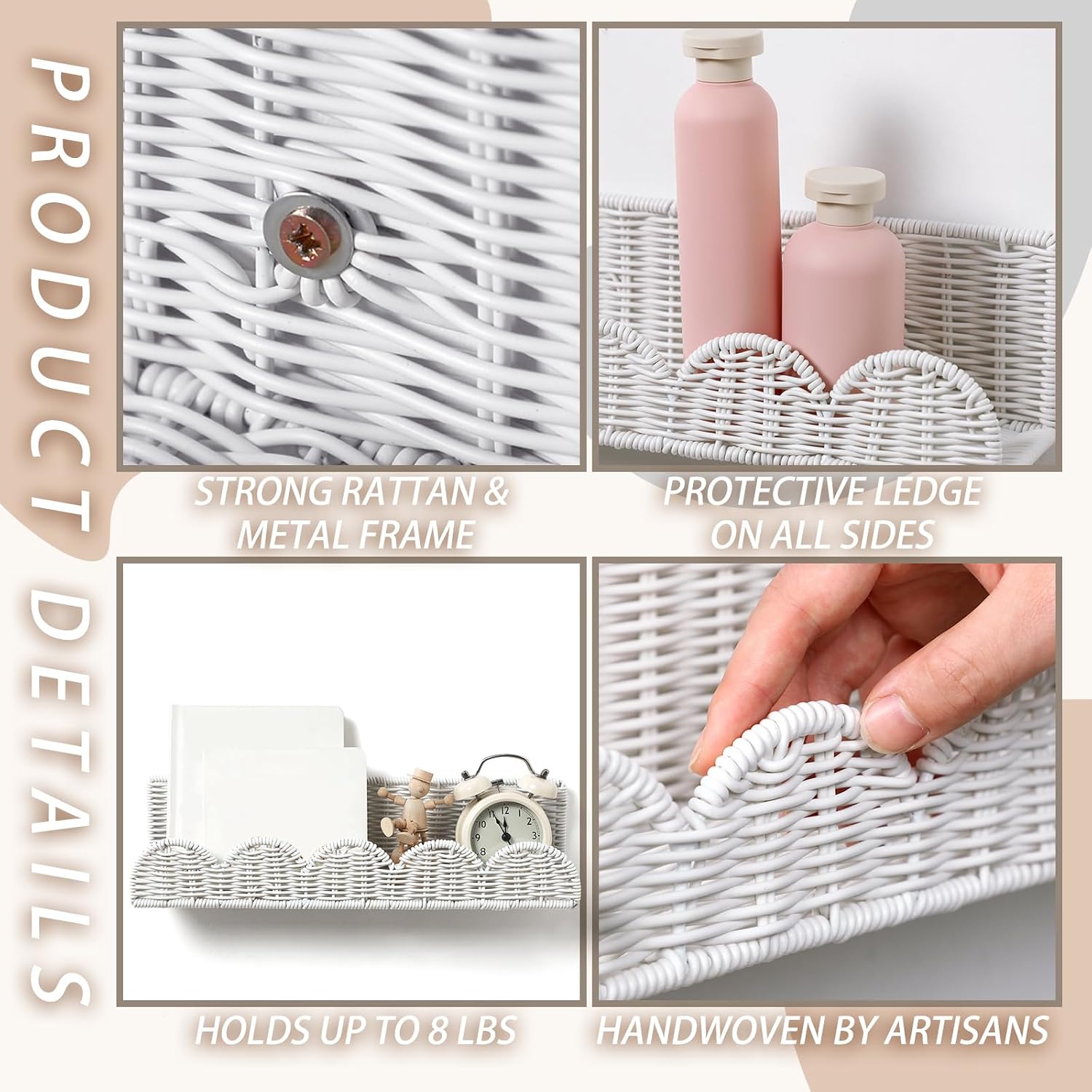 Nursery Book Shelves Rattan Scalloped Floating Bookshelves Wicker Boho / 15.8 Inch / Cute / Set of 4