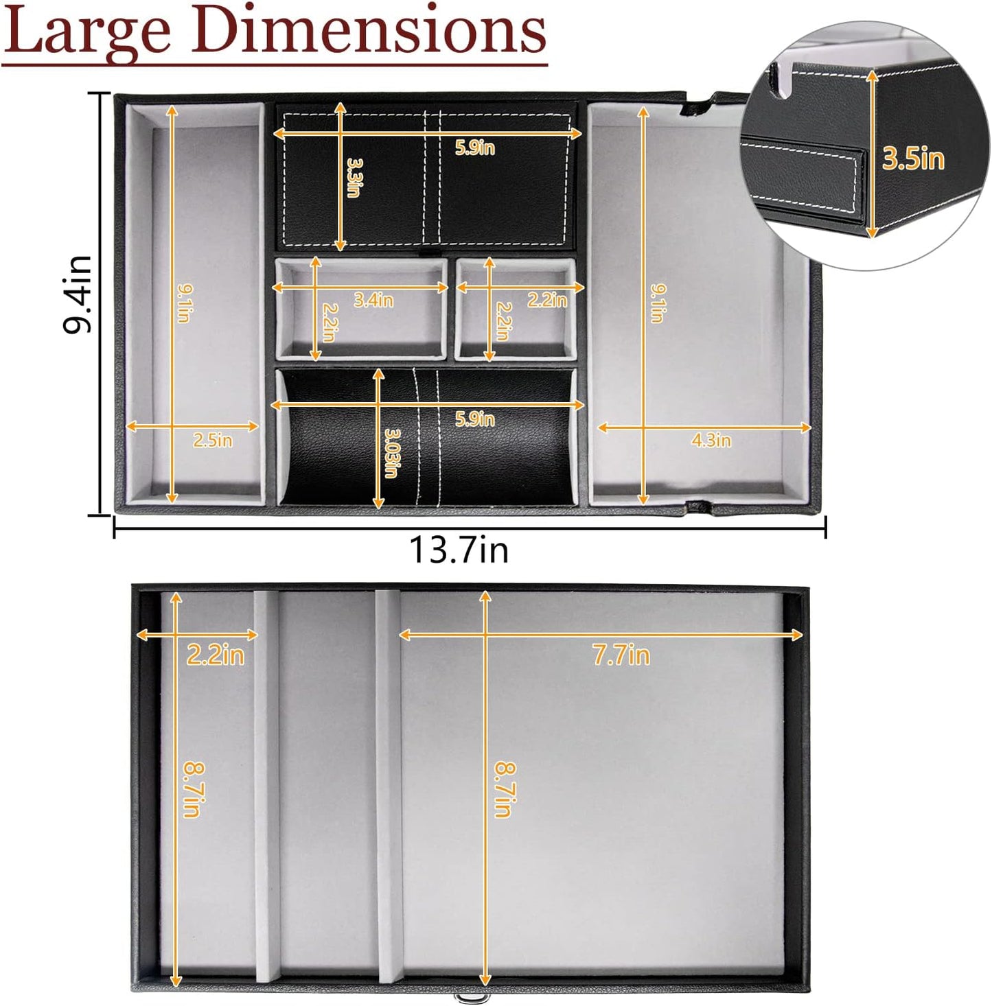 Baoyun Valet Tray for Men, 2 Layers Nightstand Organizers for Men and Women, Leather Jewelry Storage Box, Mens Dresser